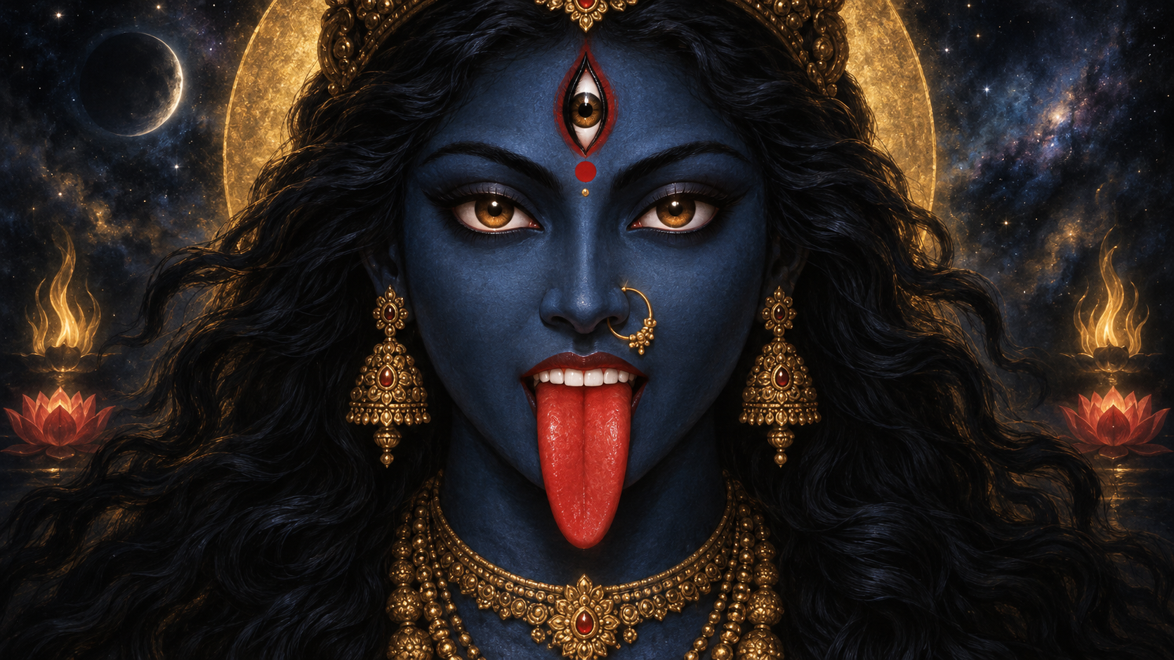 Close devotional portrait of Kali with a red extended tongue touching her white teeth against a dark cosmic background.