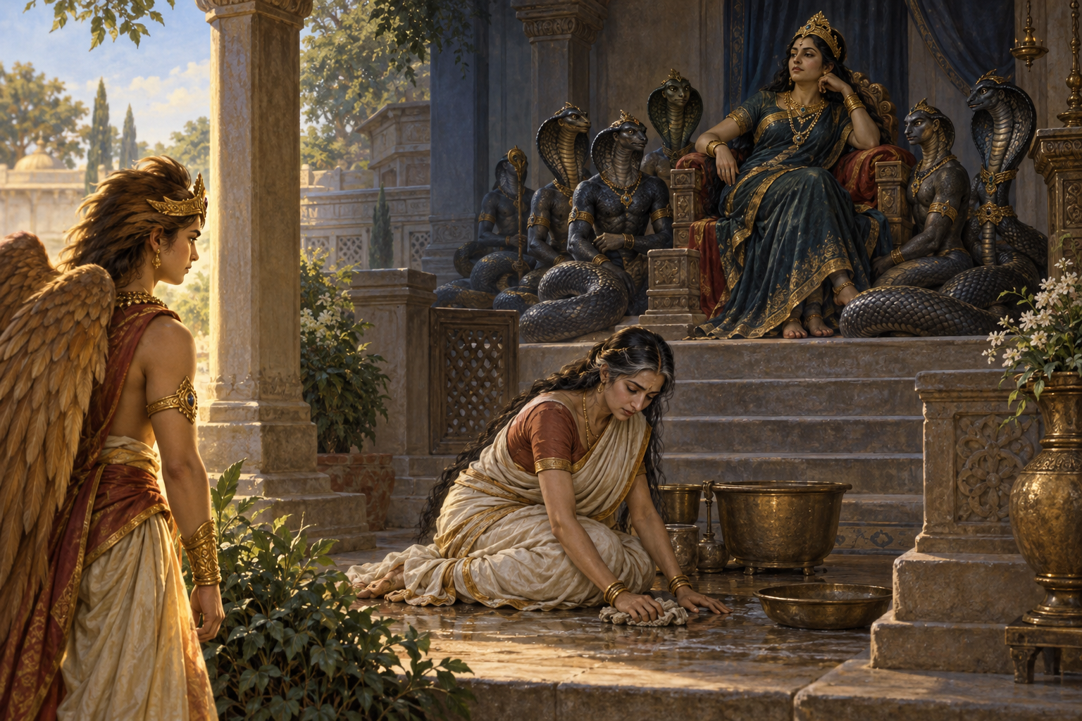 Vinata performs an imposed task before Kadru and her naga sons while Garuda watches from the side of the courtyard.