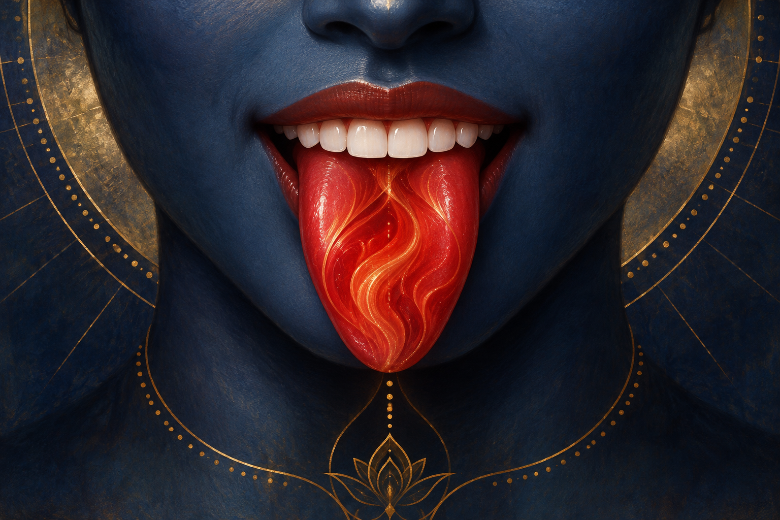 Symbolic close-up of Kali's red tongue touching luminous white teeth, with red flowing forms and a soft white glow.