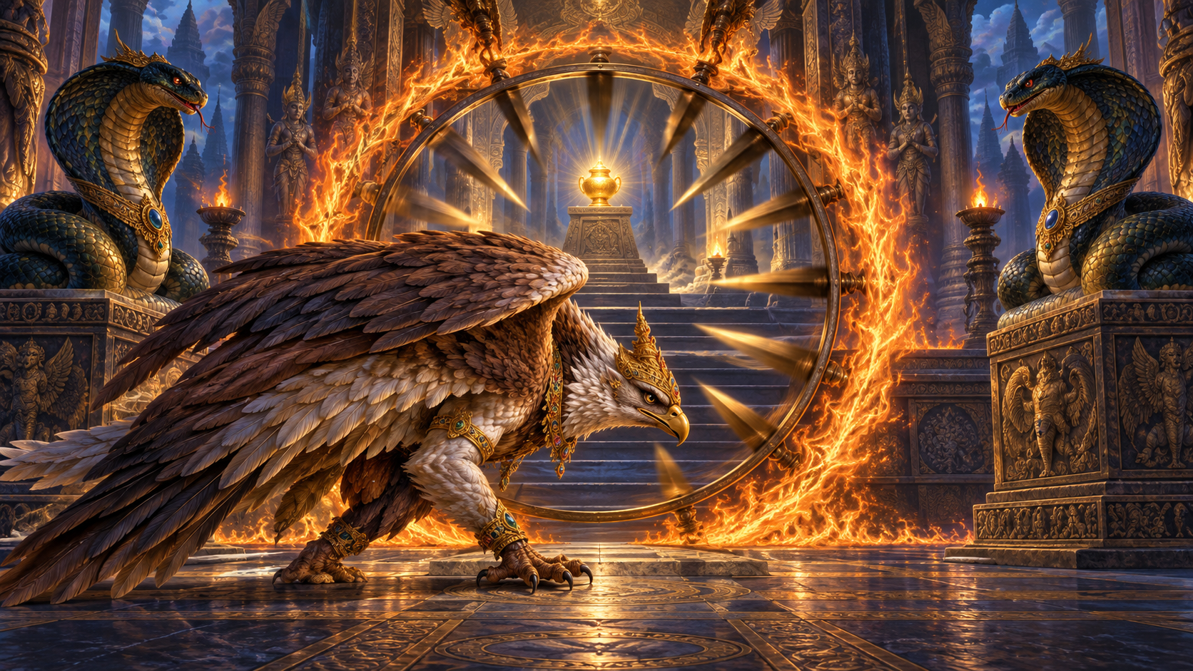 Garuda moves through a ring of fire and a spinning bladed wheel toward a guarded golden vessel of amrita.