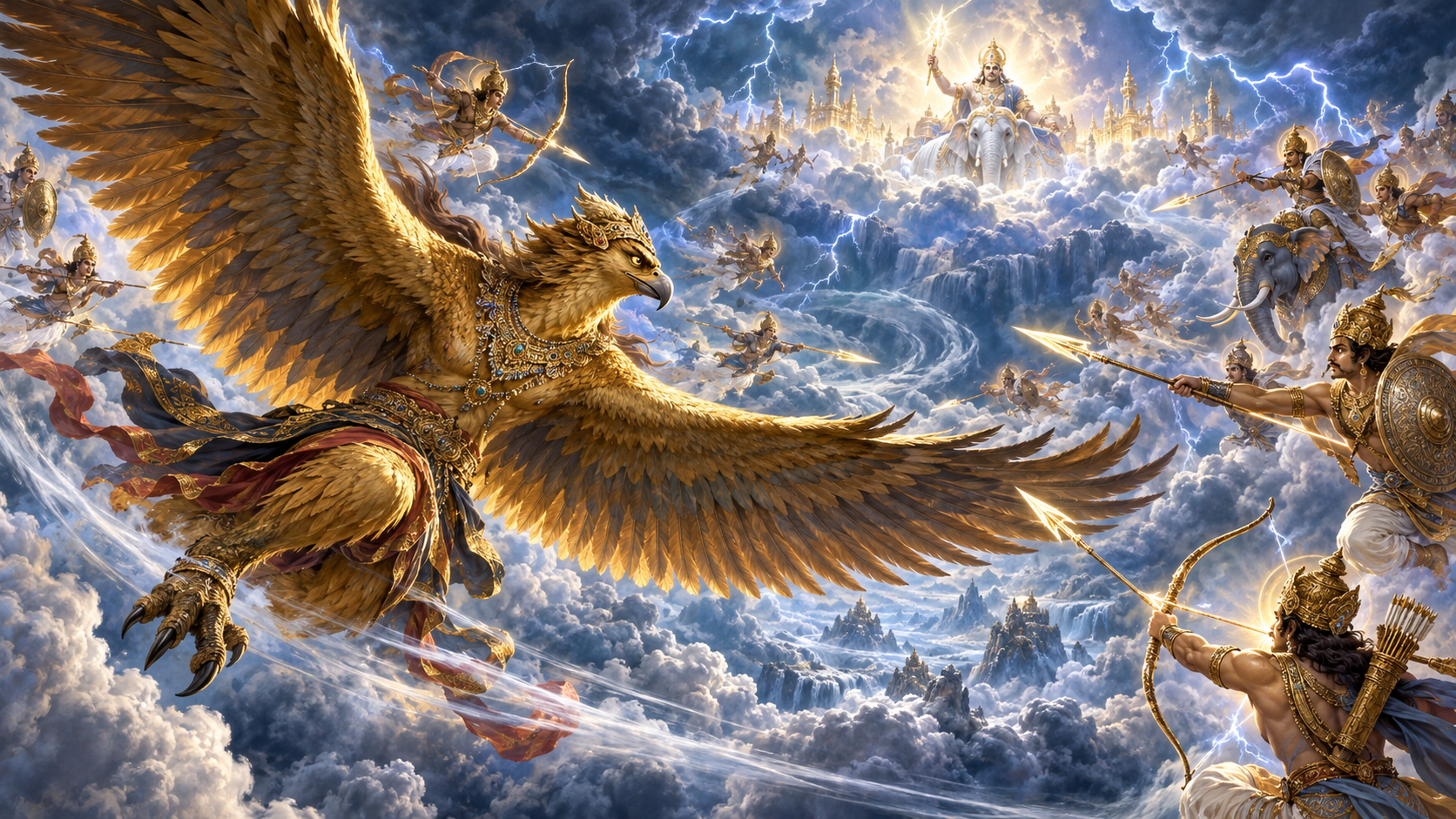Garuda confronts armed celestial guardians in a stormy sky as Indra raises a glowing thunderbolt in the distance.