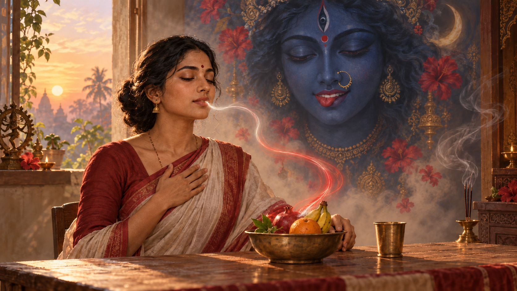 A seated devotee pauses beside a bowl of fruit while a gentle vision of Kali's face appears in the incense-lit background.