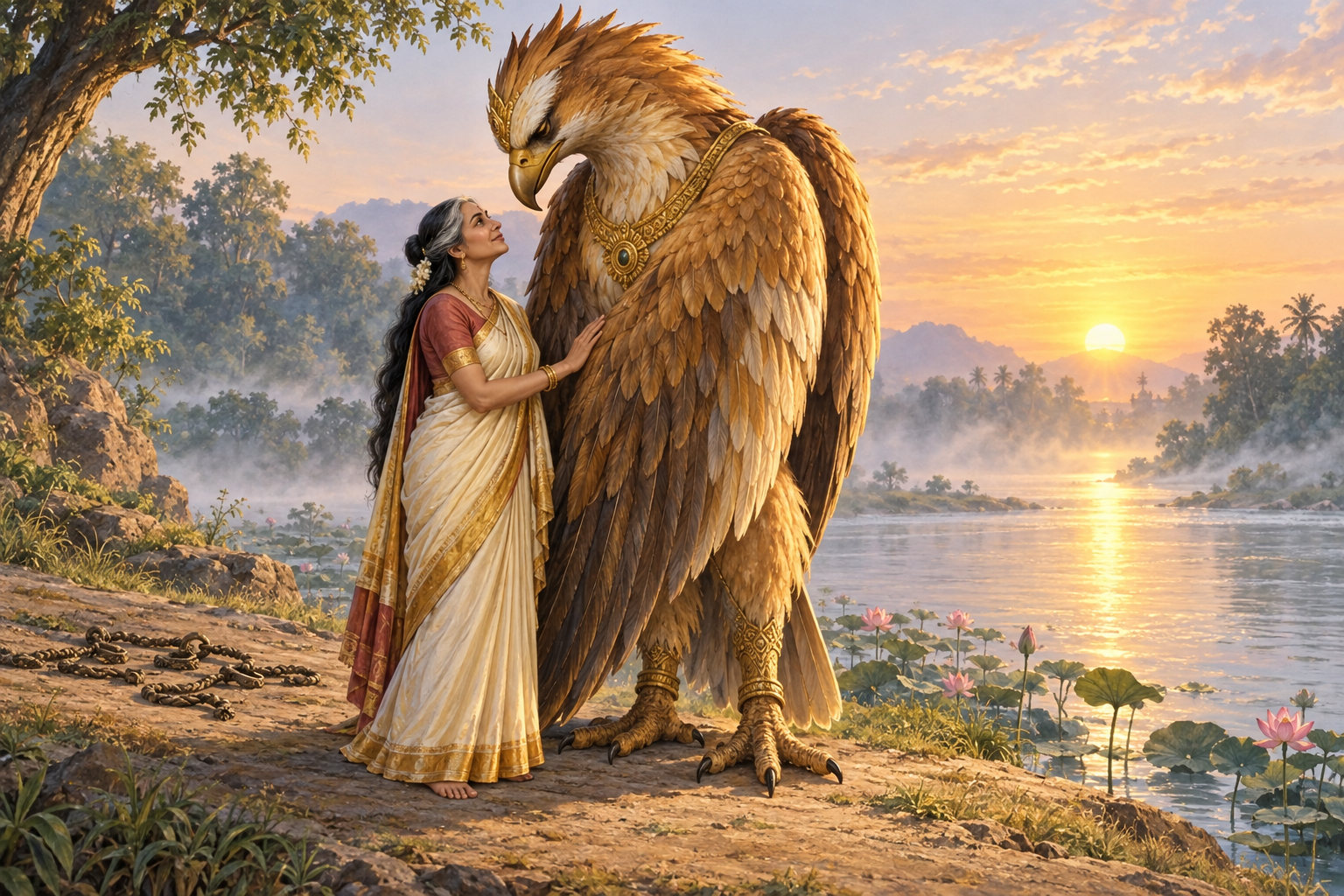 Garuda bows beside Vinata on a sunlit riverbank as broken cords behind her signify the end of her captivity.