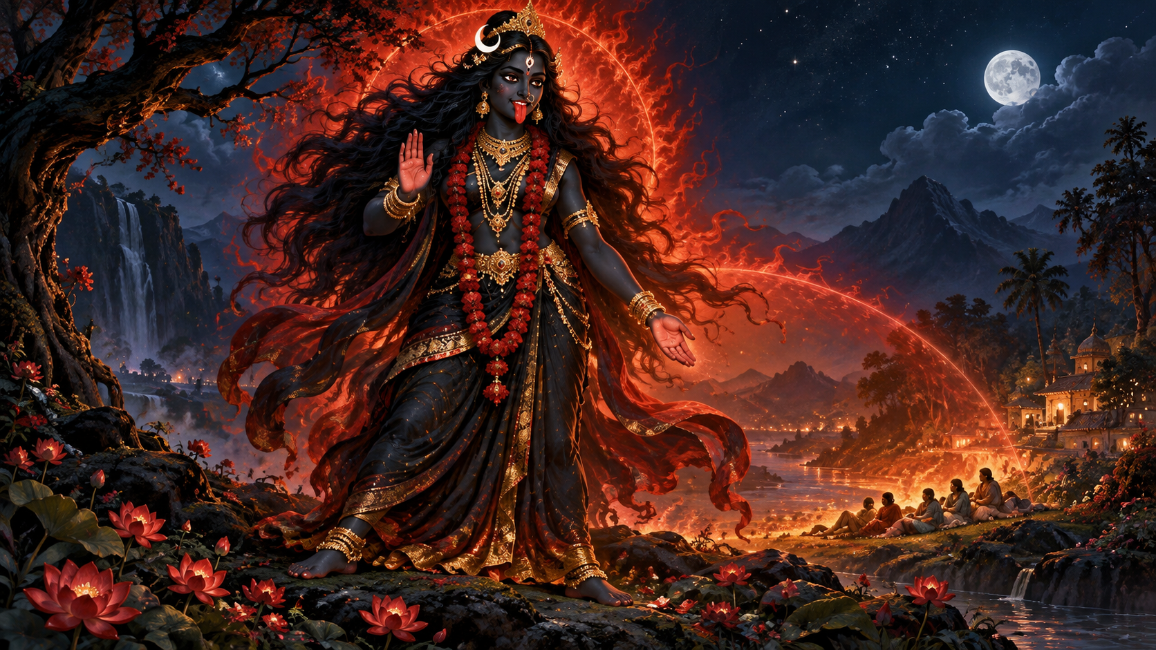 Kali stands within a red protective halo, raising a reassuring hand as lotus flowers and sheltered figures appear below.