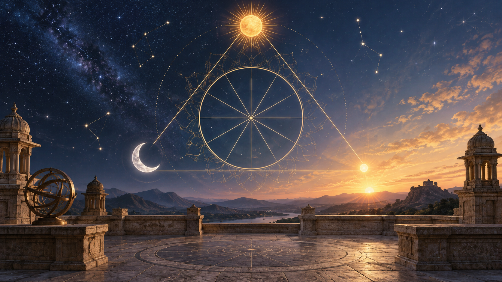 A sun, crescent moon, and glowing horizon point form a triangle around an unmarked twelve-part celestial wheel above a stone observatory.