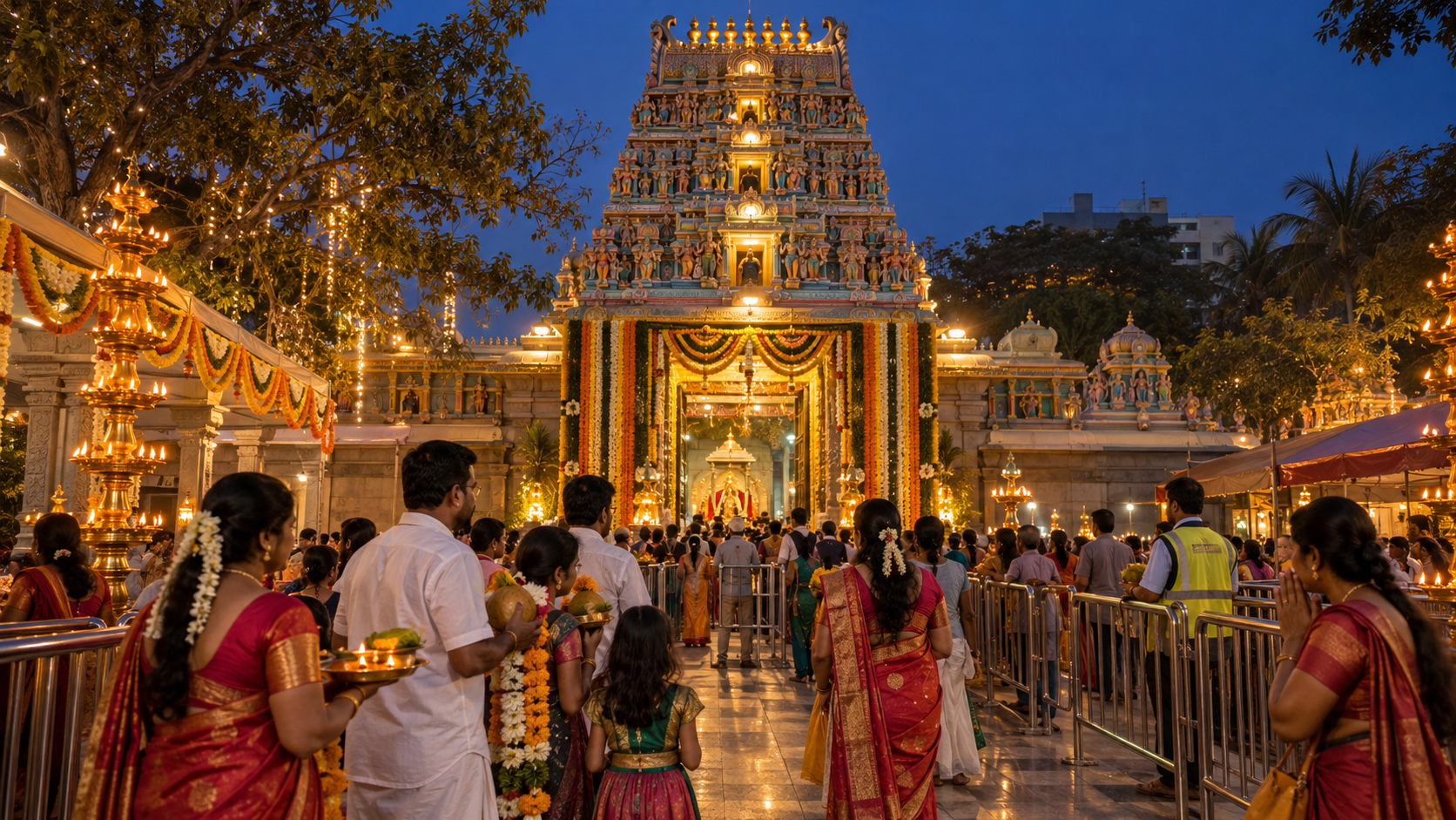 Devotees carrying flowers and offering plates approach a decorated South Indian temple entrance during Navratri at dusk.