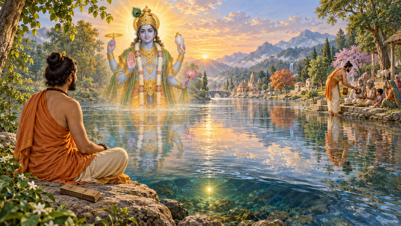 A practitioner meditates beside a river as a radiant four-armed form of Hari appears across the water, changing reflections surround a steady light, and people receive food in the distance.