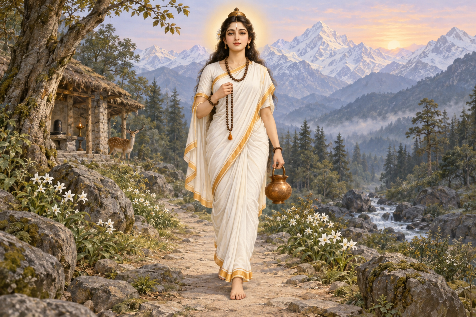 Maa Brahmacharini in a white sari walks barefoot on a Himalayan path, holding prayer beads and a water pot.