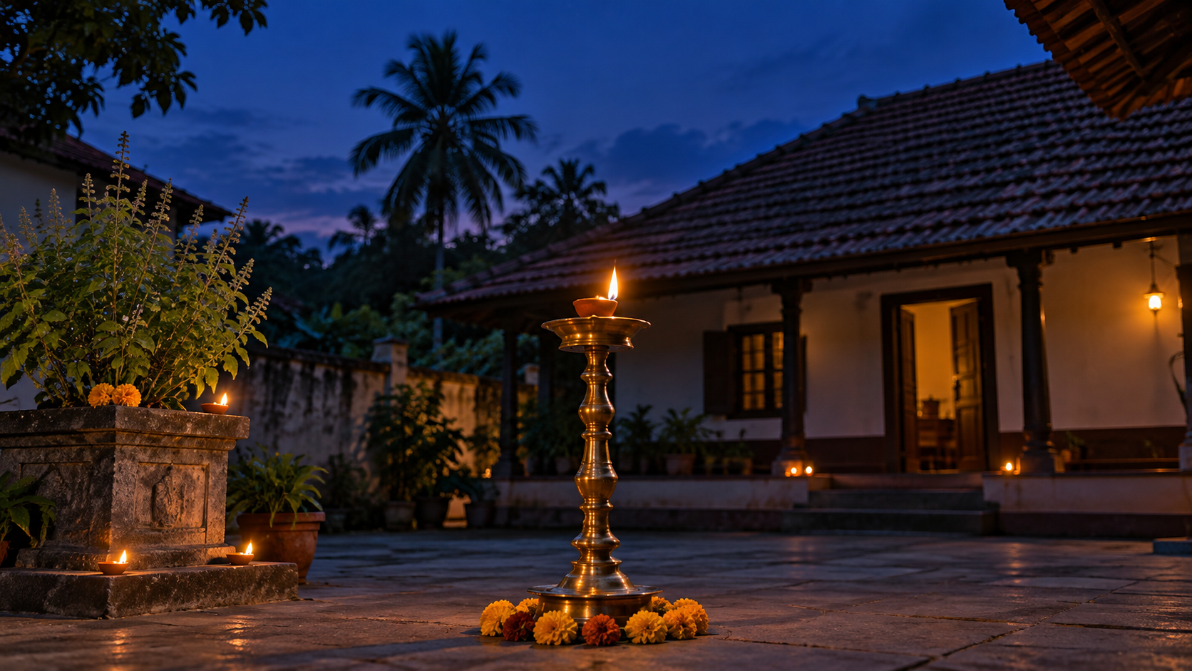 A clay oil lamp glows on a tall brass stand in a South Indian courtyard beneath the twilight sky.