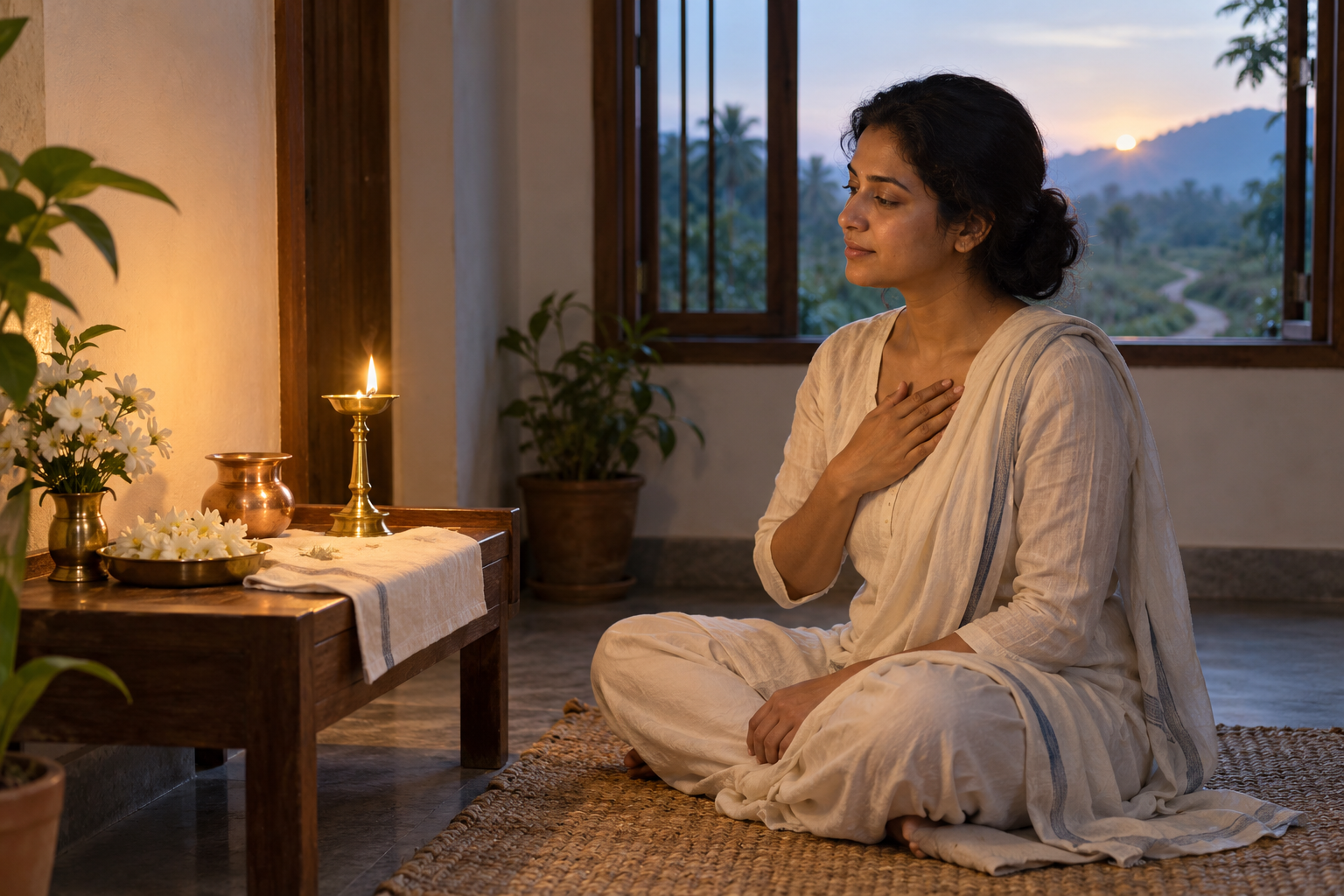 A devotee sits quietly before a simple home shrine at dawn with one hand over the heart and an oil lamp burning nearby.