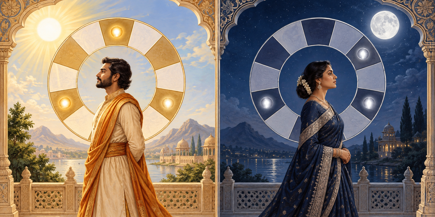 A man beneath the daytime sun and a woman beneath the night moon stand beside segmented celestial rings with three aligned lights.