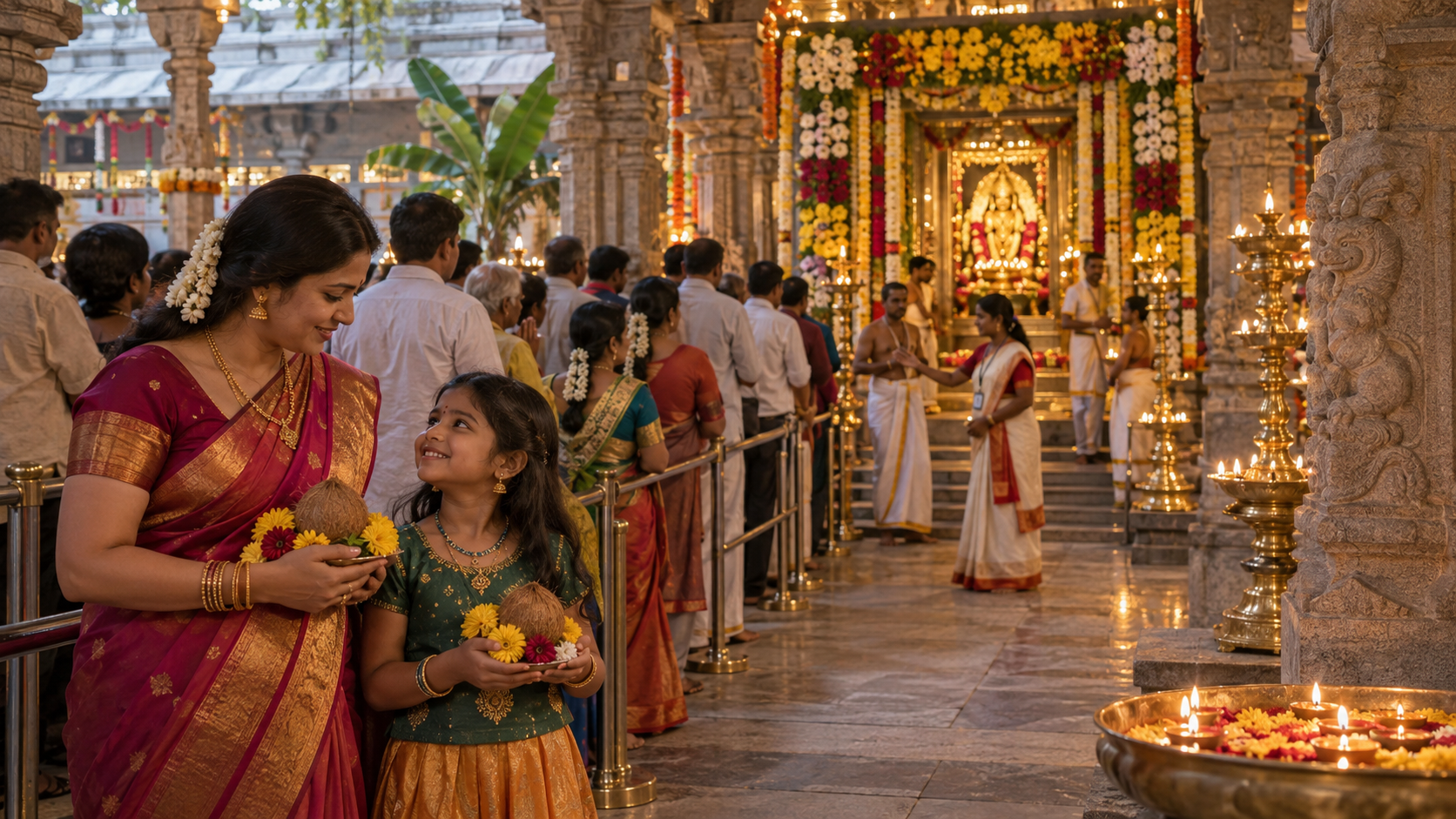 A mother and daughter hold flowers and coconuts while waiting with other devotees in a lamp-lit Devi temple courtyard.