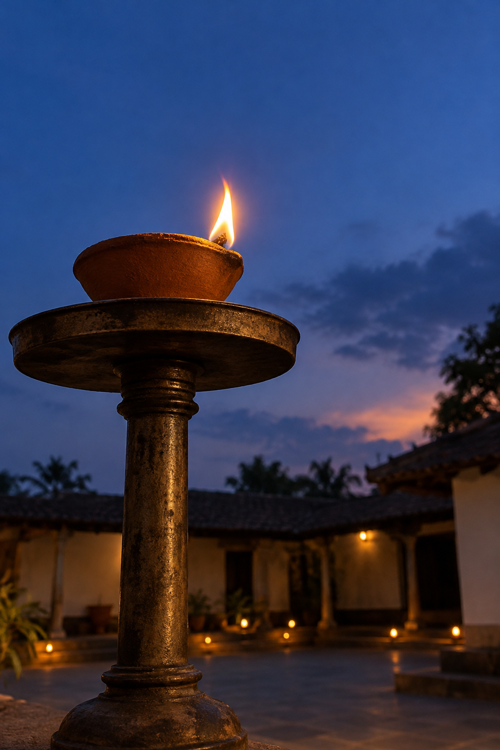An earthen oil lamp burns on a raised metal platform against the open evening sky.