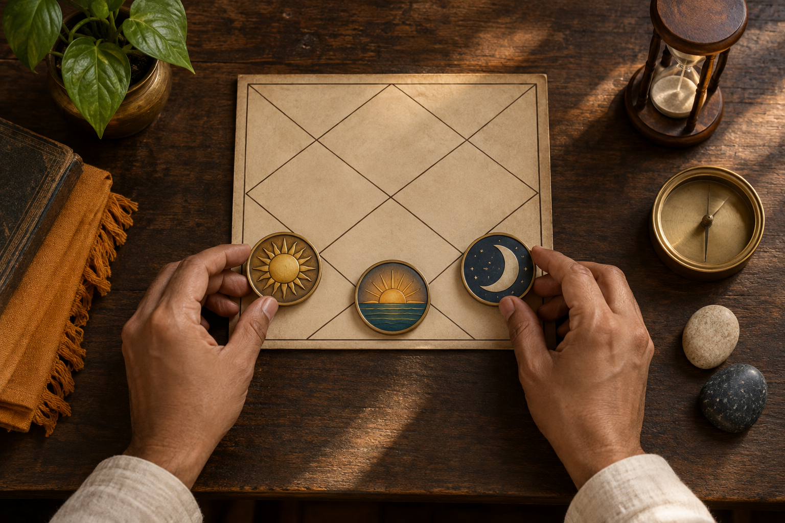 Hands place sun, moon, and horizon tokens beside an unmarked diamond-grid horoscope board on a wooden desk.