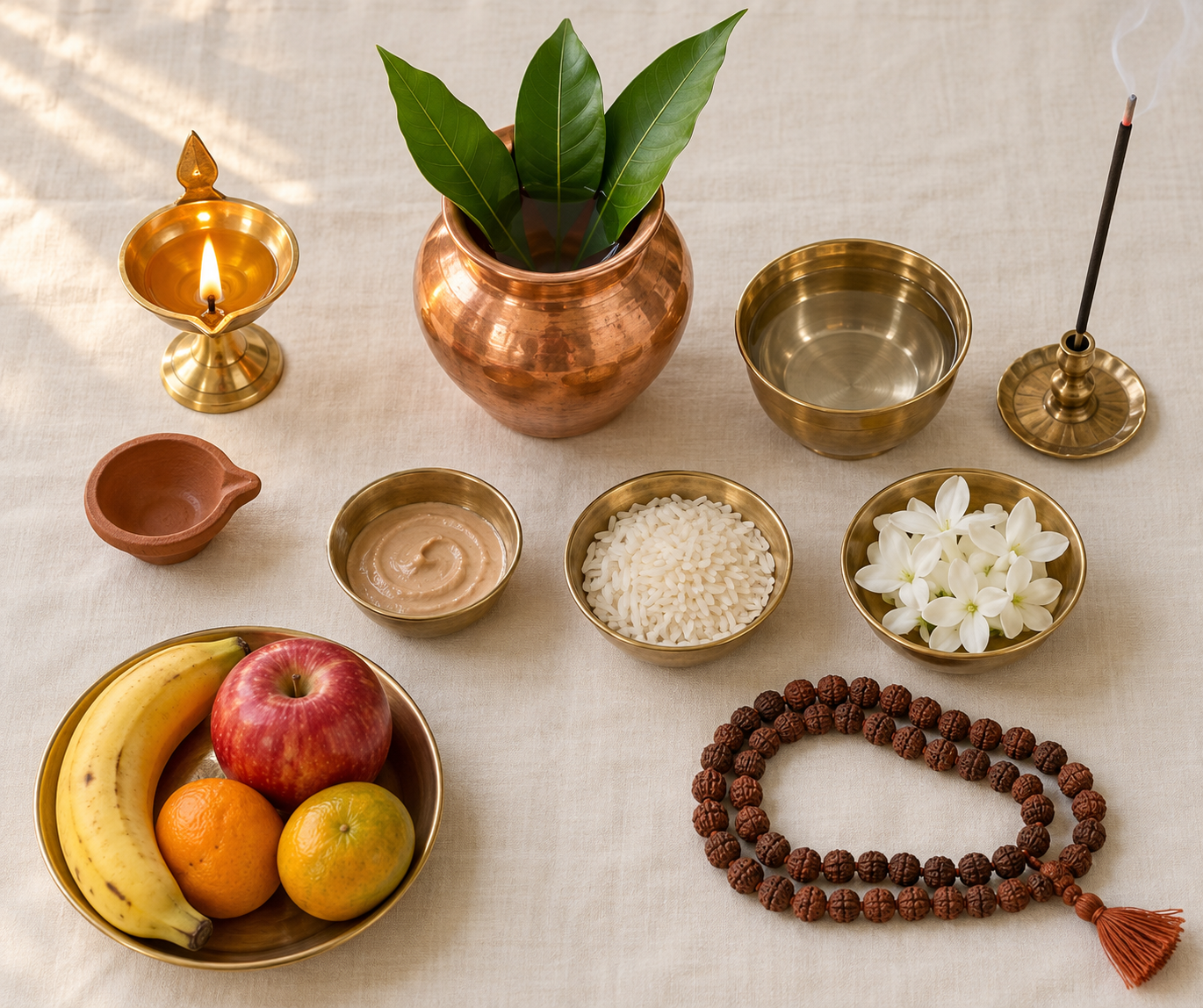 An overhead view of a simple home puja setup with a lamp, copper water vessel, flowers, fruit, incense, rice, sandalwood paste, and prayer beads.