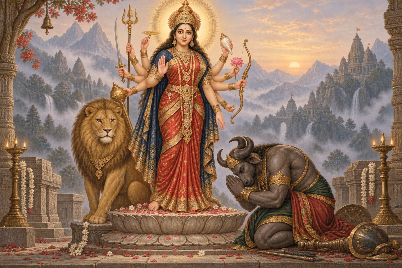 Goddess Durga stands above a kneeling buffalo-headed Mahishasura at her feet while her lion watches beside her.