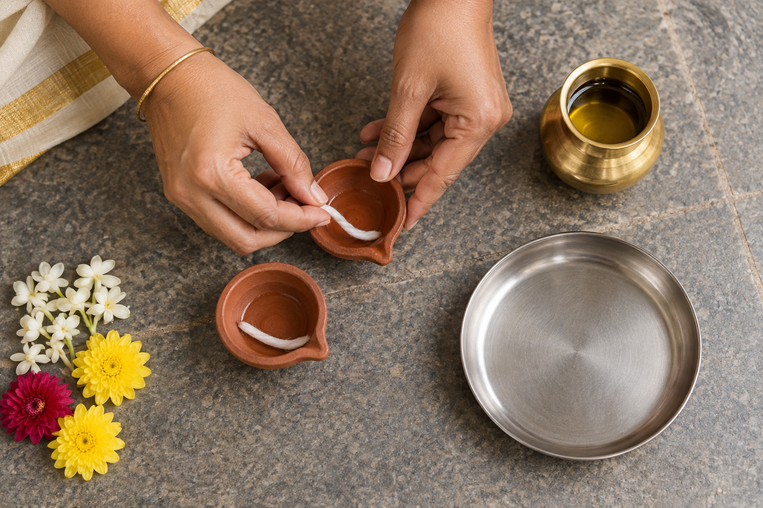Hands place a cotton wick in a clay lamp beside oil, flowers, and a fireproof metal plate.