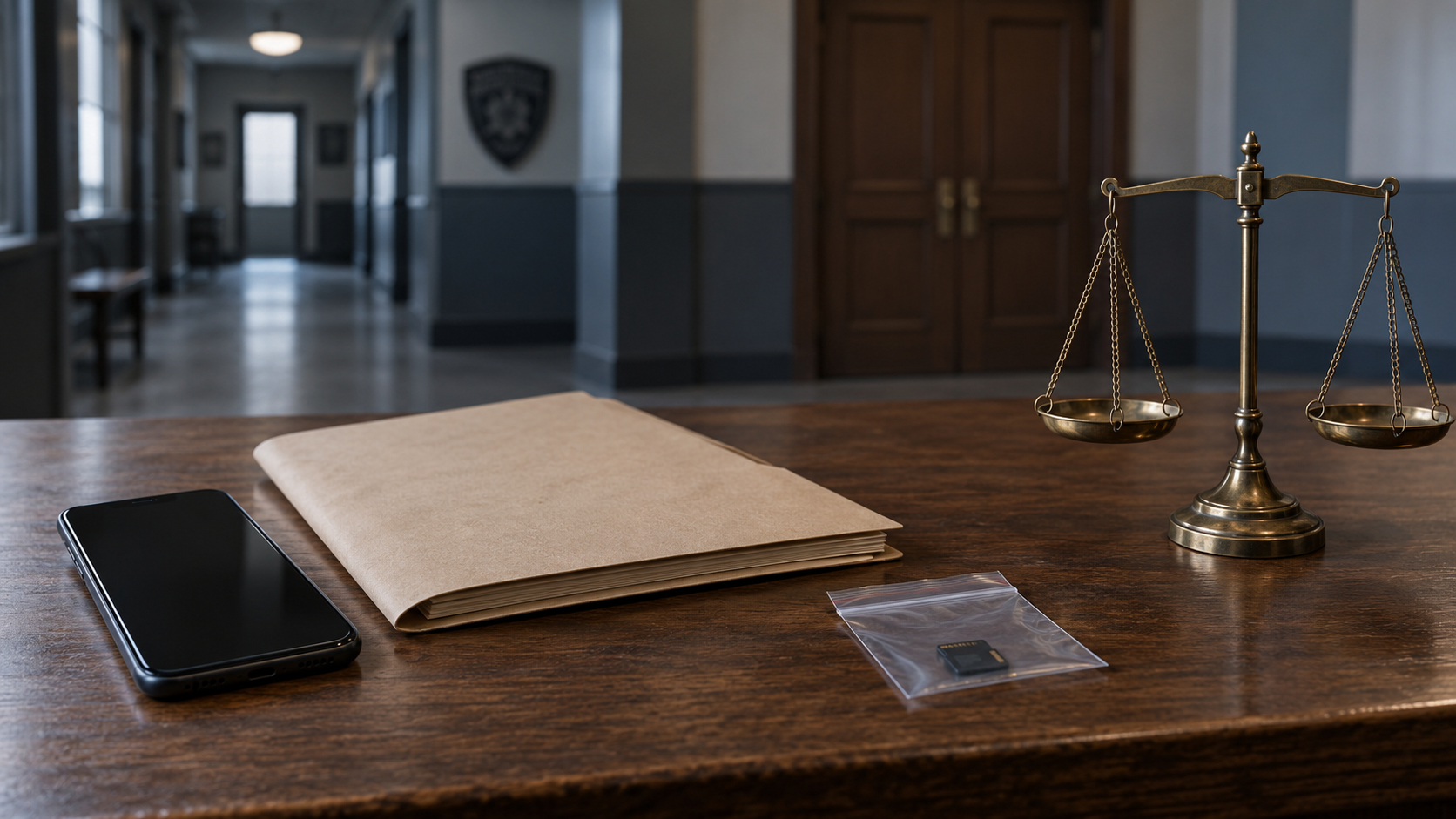 A smartphone, closed case folder, evidence pouch, and balanced justice scale on a desk with a blurred institutional corridor behind them.