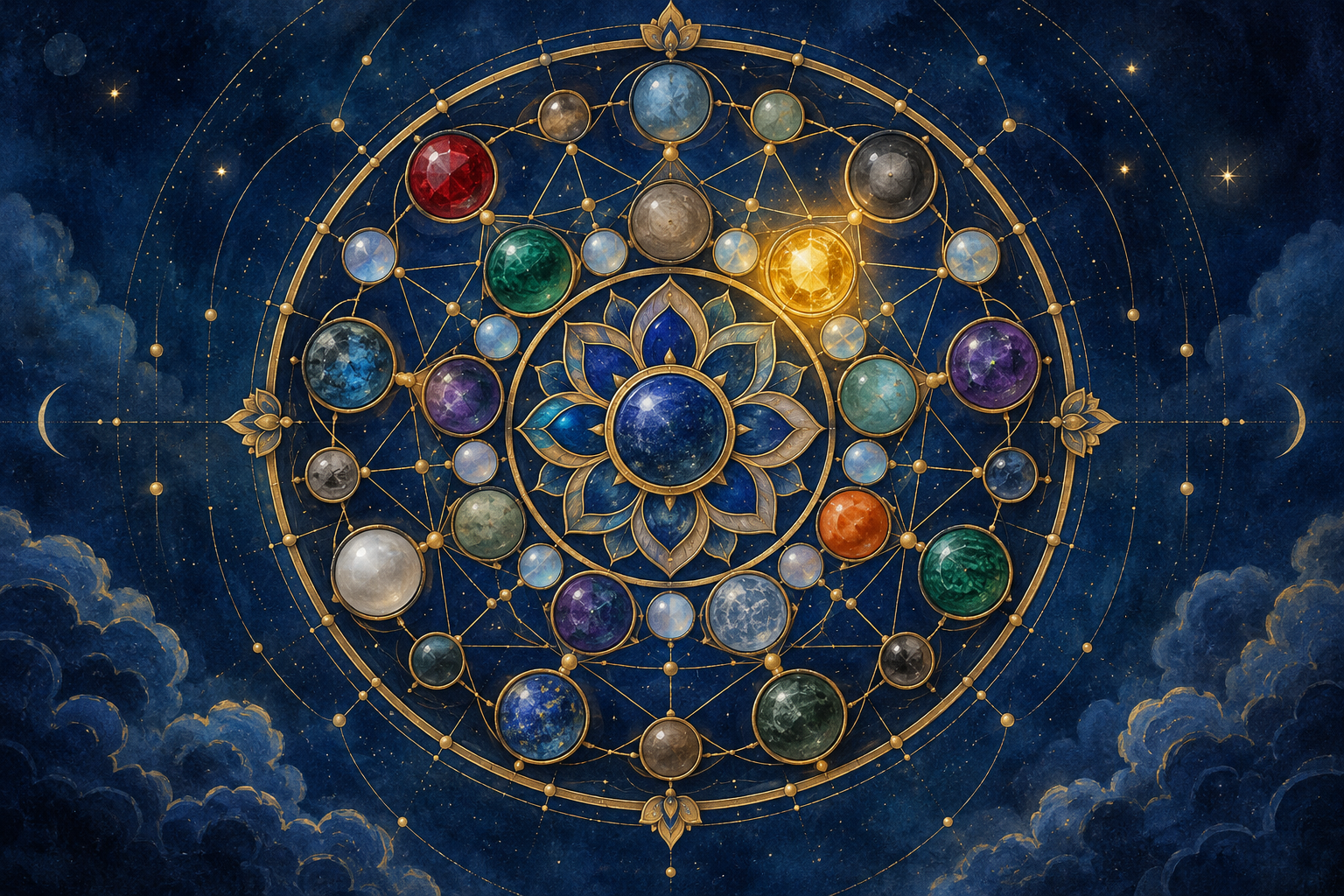 One glowing golden jewel appears within a larger circular mosaic of varied stones connected by delicate celestial lines.