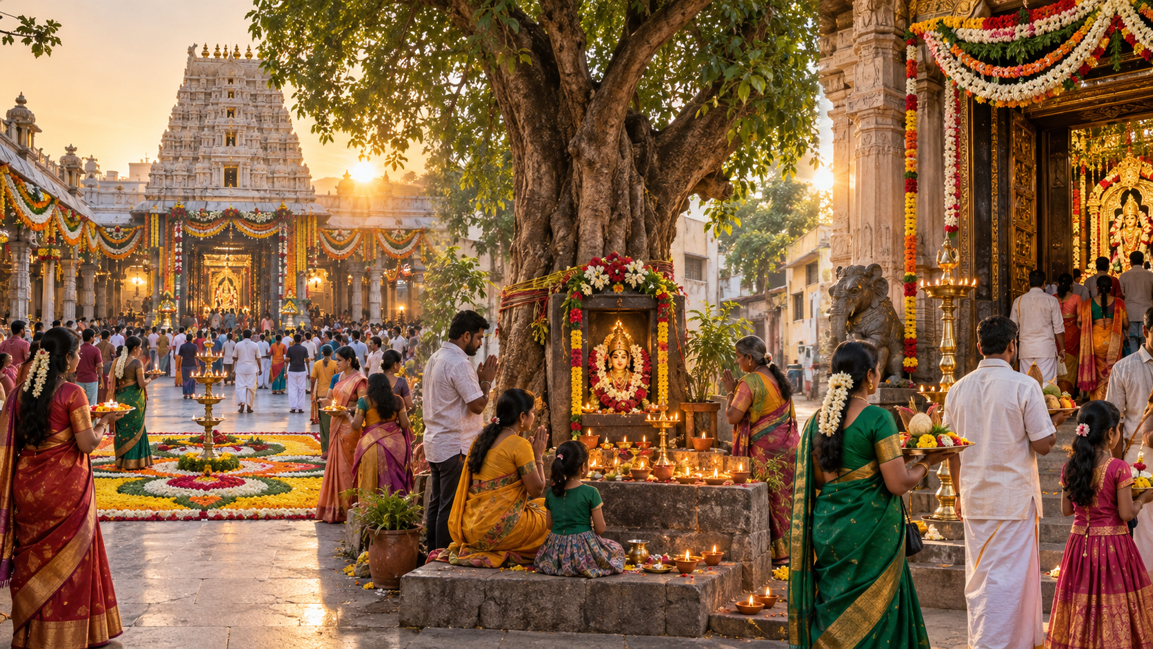 Three adjoining scenes show a busy urban temple, a quiet neighbourhood Devi shrine and a Dasara morning darshan.