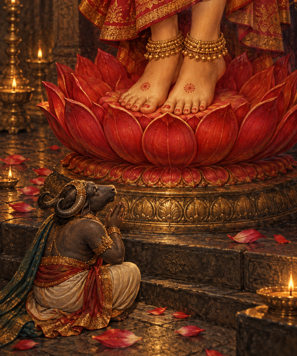 The Goddess's feet rest on a red lotus pedestal above a subdued buffalo-headed figure seated on the lowest step.