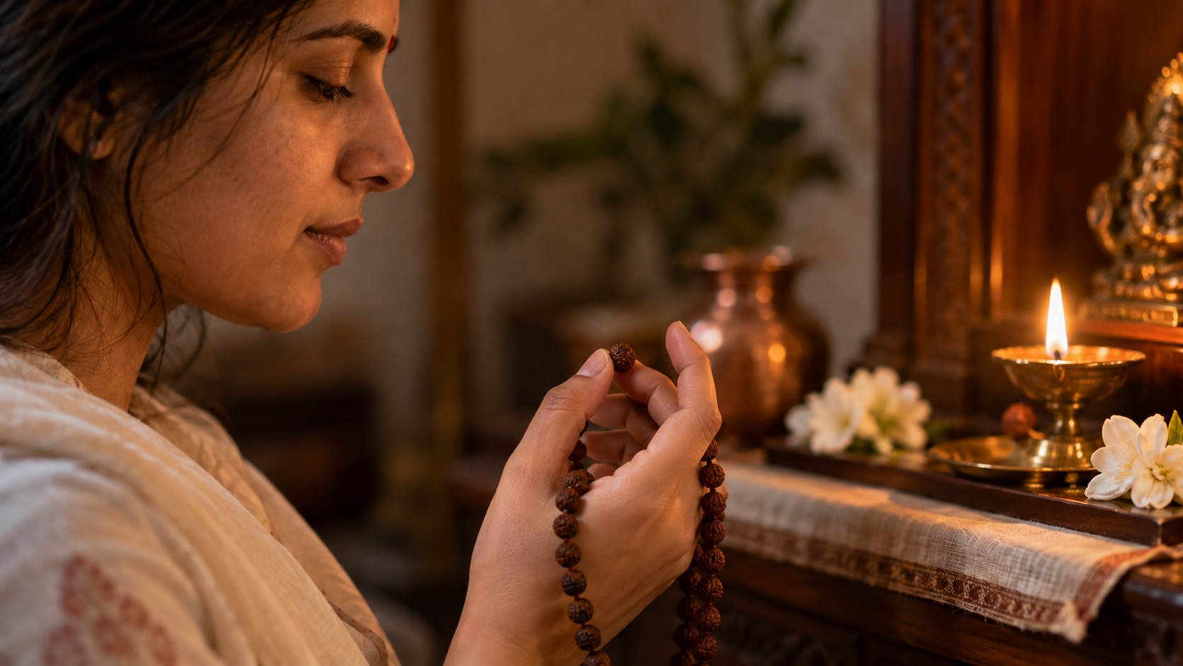 A meditating devotee holds a rudraksha prayer bead near an oil lamp in a quiet home worship space.