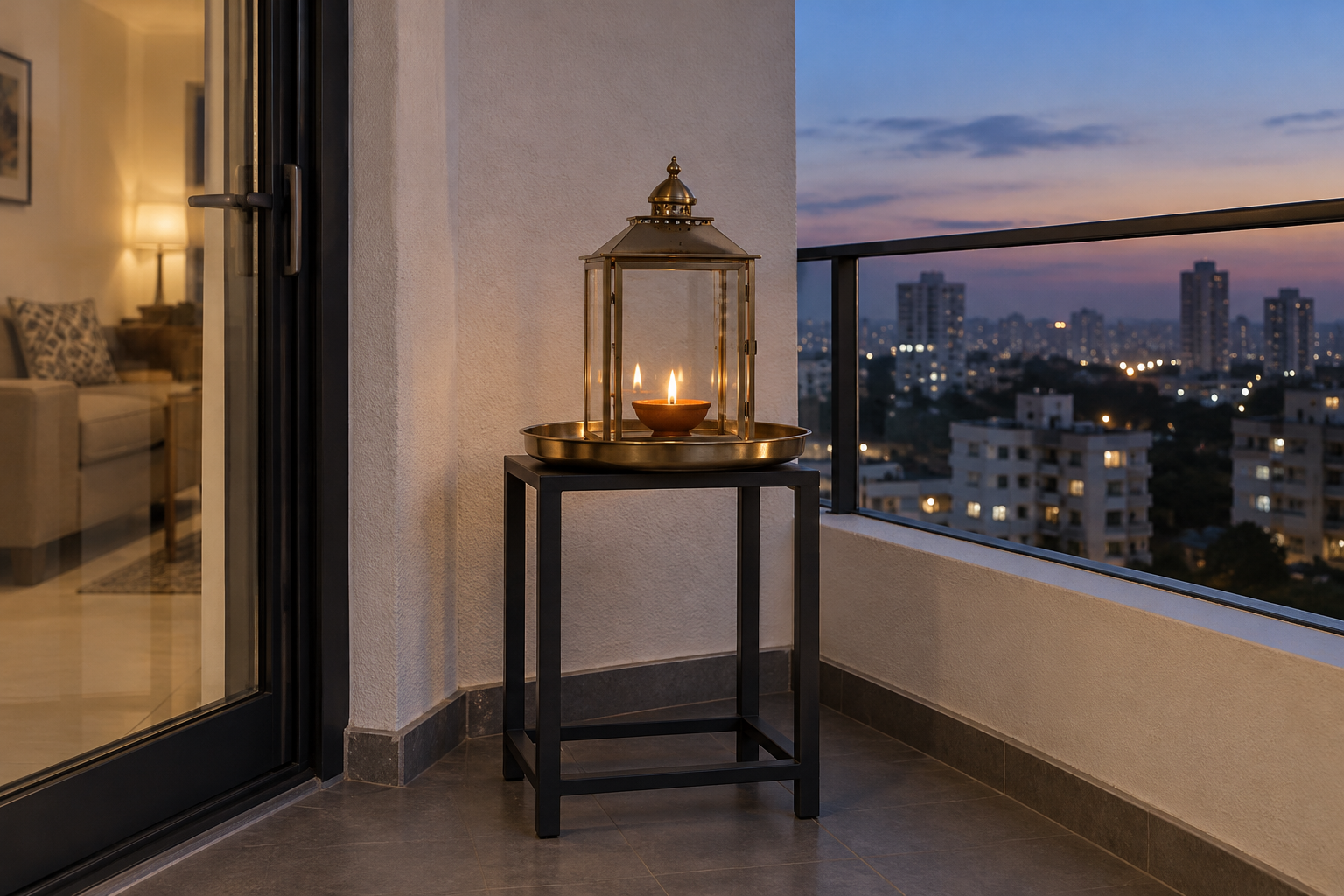 A protected clay oil lamp burns on a raised fireproof tray on an apartment balcony at dusk.