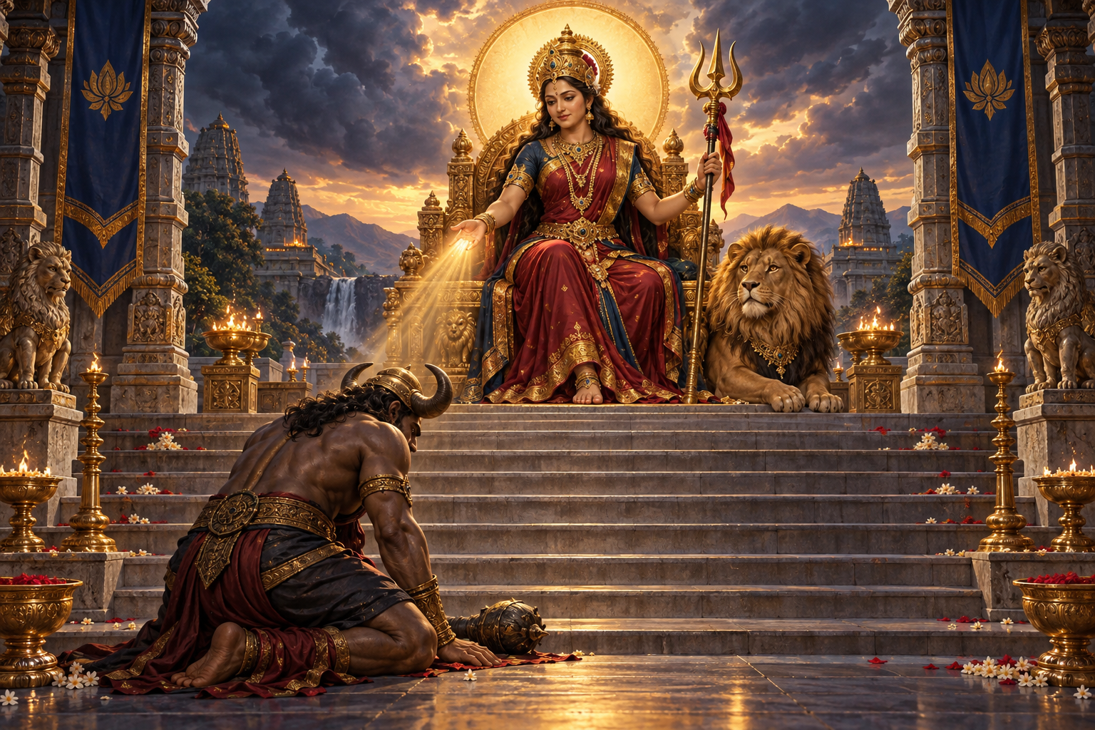 Durga holds a lowered trident and raises a blessing hand as the humbled Mahishasura rests below her throne within a beam of light.