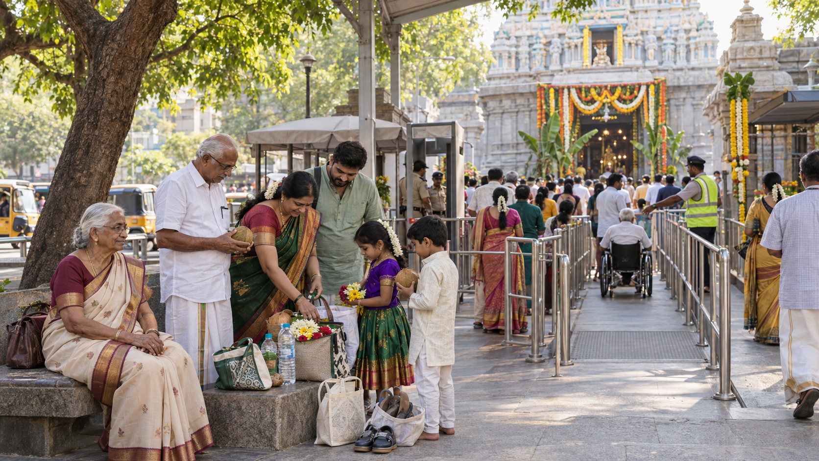 A family organizes offerings near shaded queue lanes and a security checkpoint outside a busy Hyderabad temple.