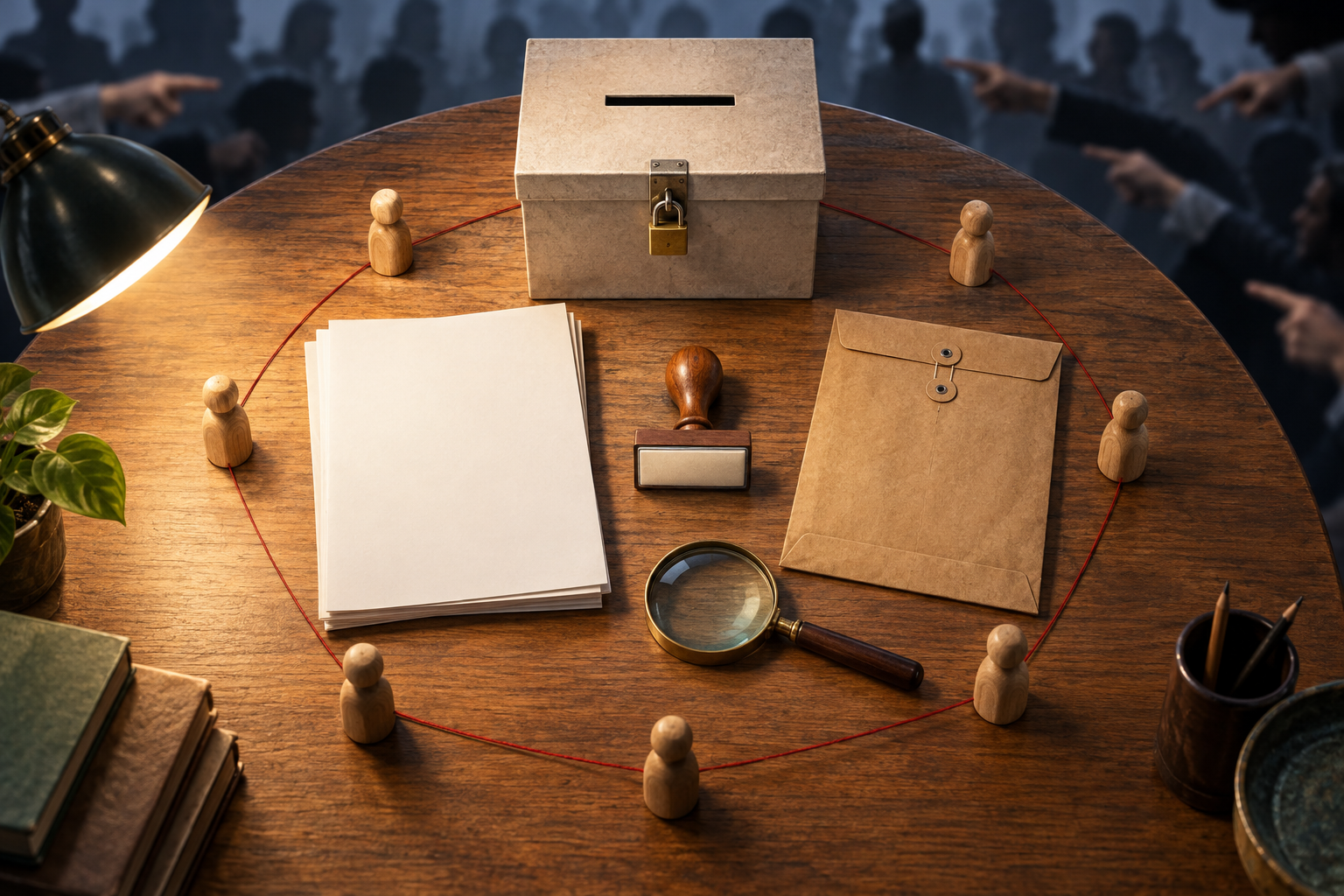 A ballot box, blank document, evidence envelope and magnifying glass are arranged on a lit table while blurred pointing hands remain in the shadows.