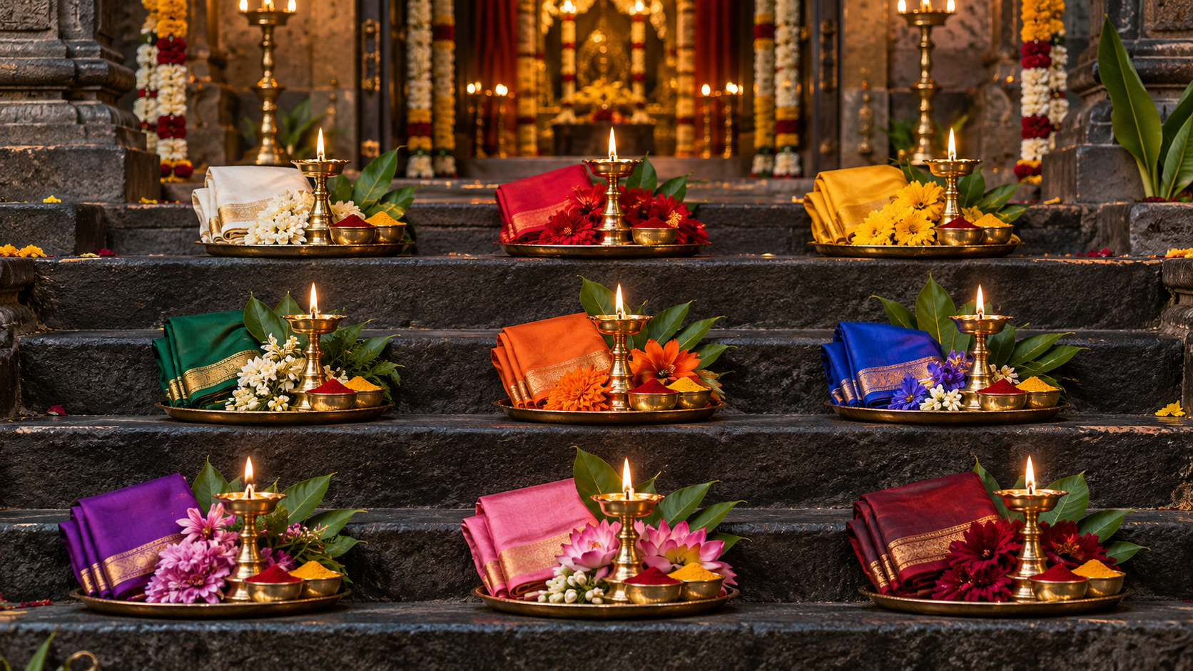 Nine colorful arrangements of flowers, silk, ritual powders, leaves and brass lamps line stone temple steps.