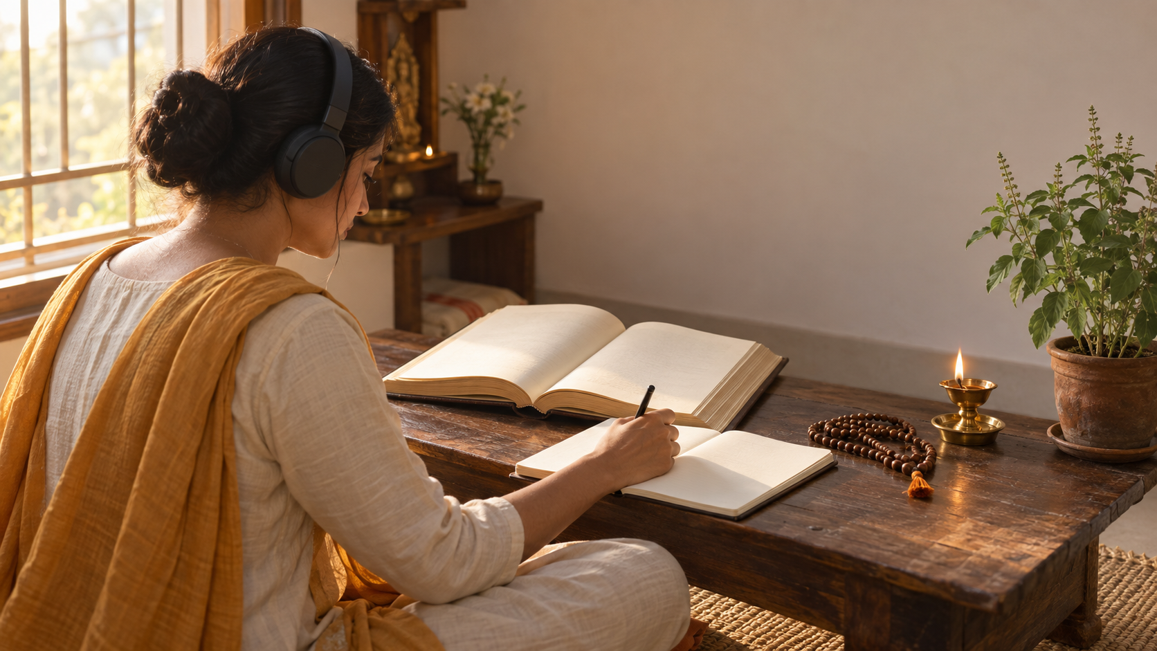 A devotee listens through headphones while studying an open scripture and taking notes at a small devotional desk.