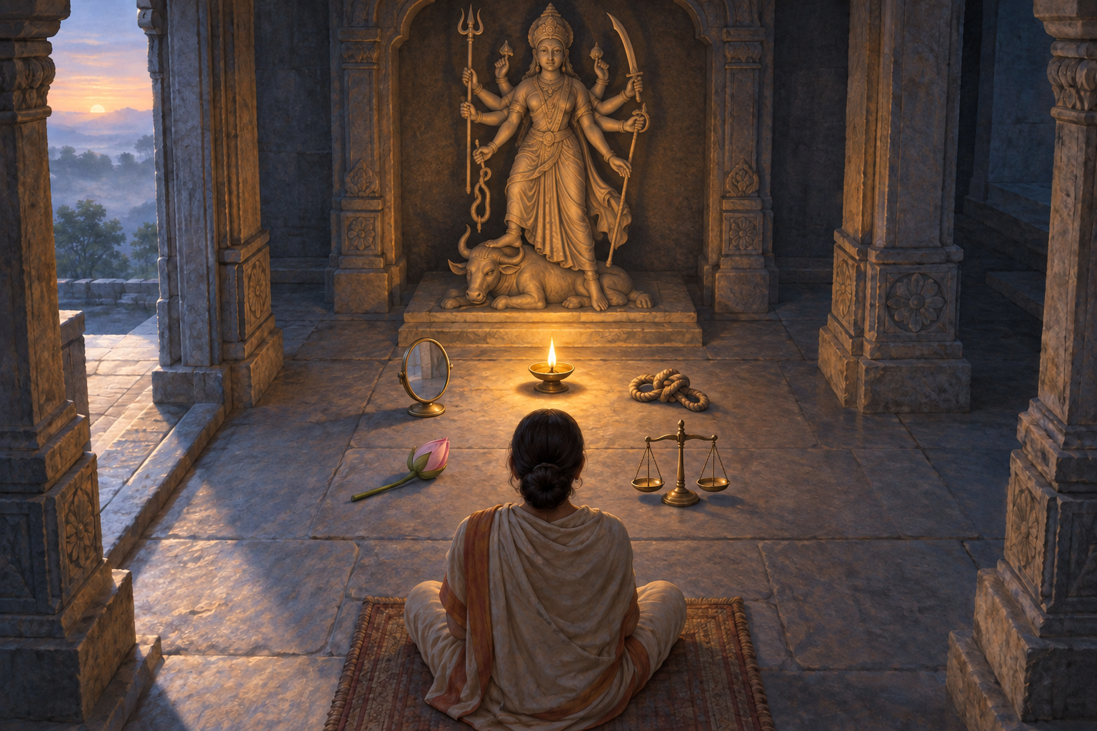 A seated devotee meditates before a Durga shrine with a mirror, knotted cord, lotus bud, and balance arranged around an oil lamp.