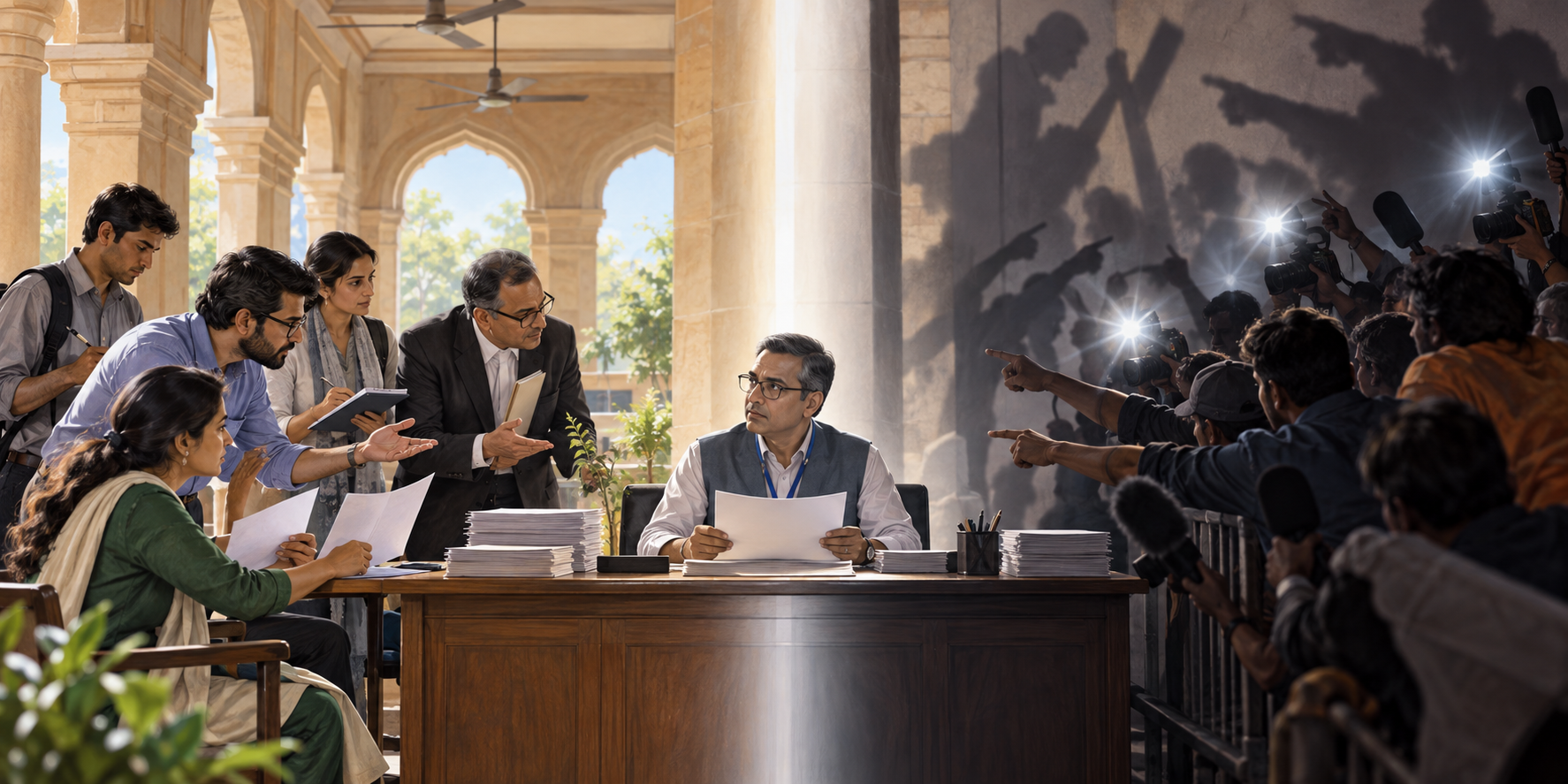 An anonymous election official faces calm evidence-based questioning on one side and an agitated crowd casting distorted shadows on the other.