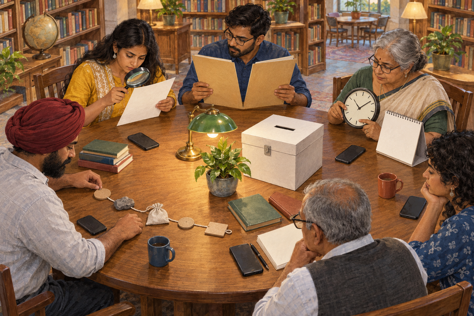 Citizens at a round table inspect blank documents, folders and evidence tokens with a magnifying glass while smartphones rest face down.