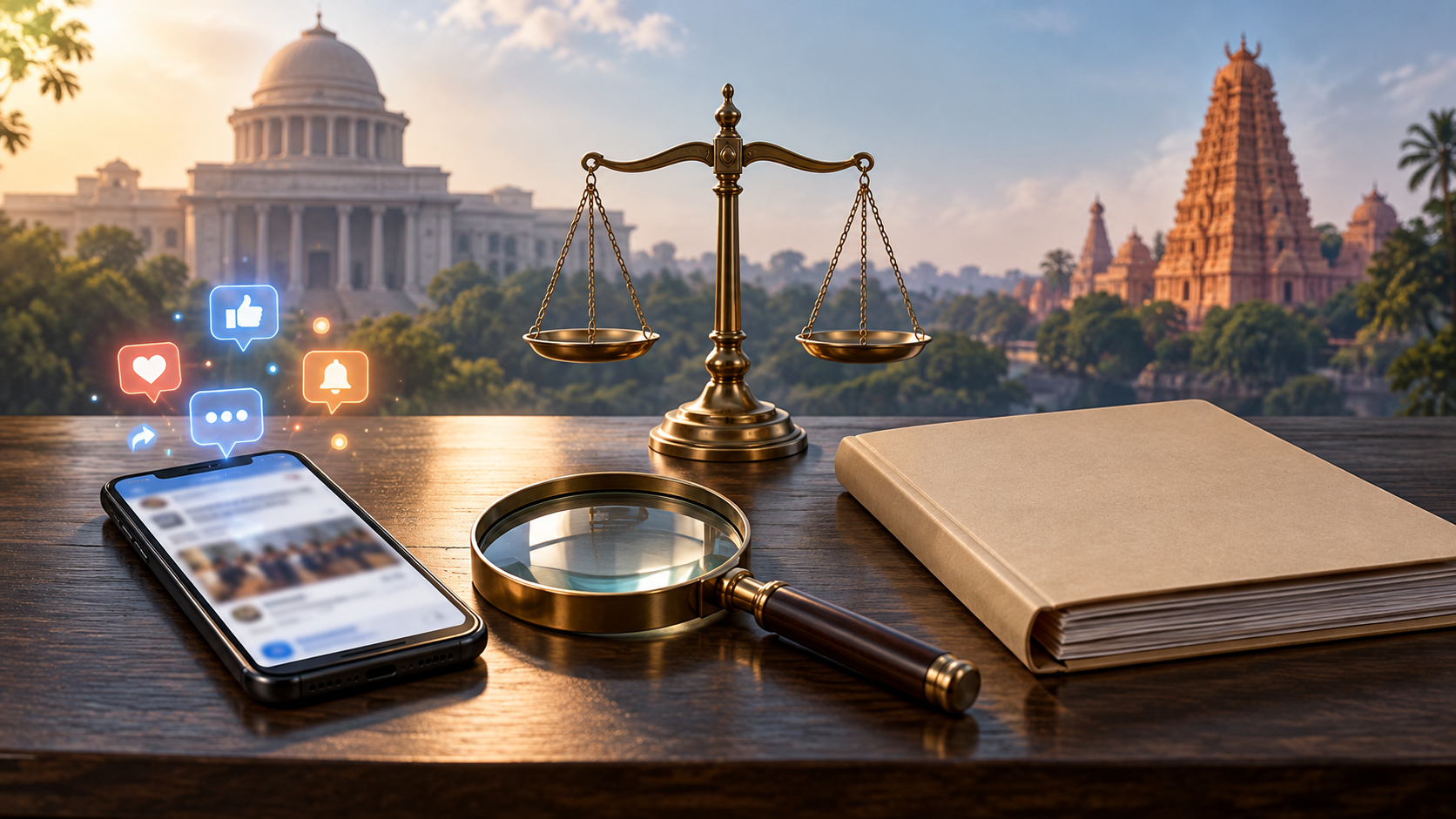 A smartphone, magnifying glass, closed case file and balanced legal scale on a desk, with a civic building and temple silhouette in the background.