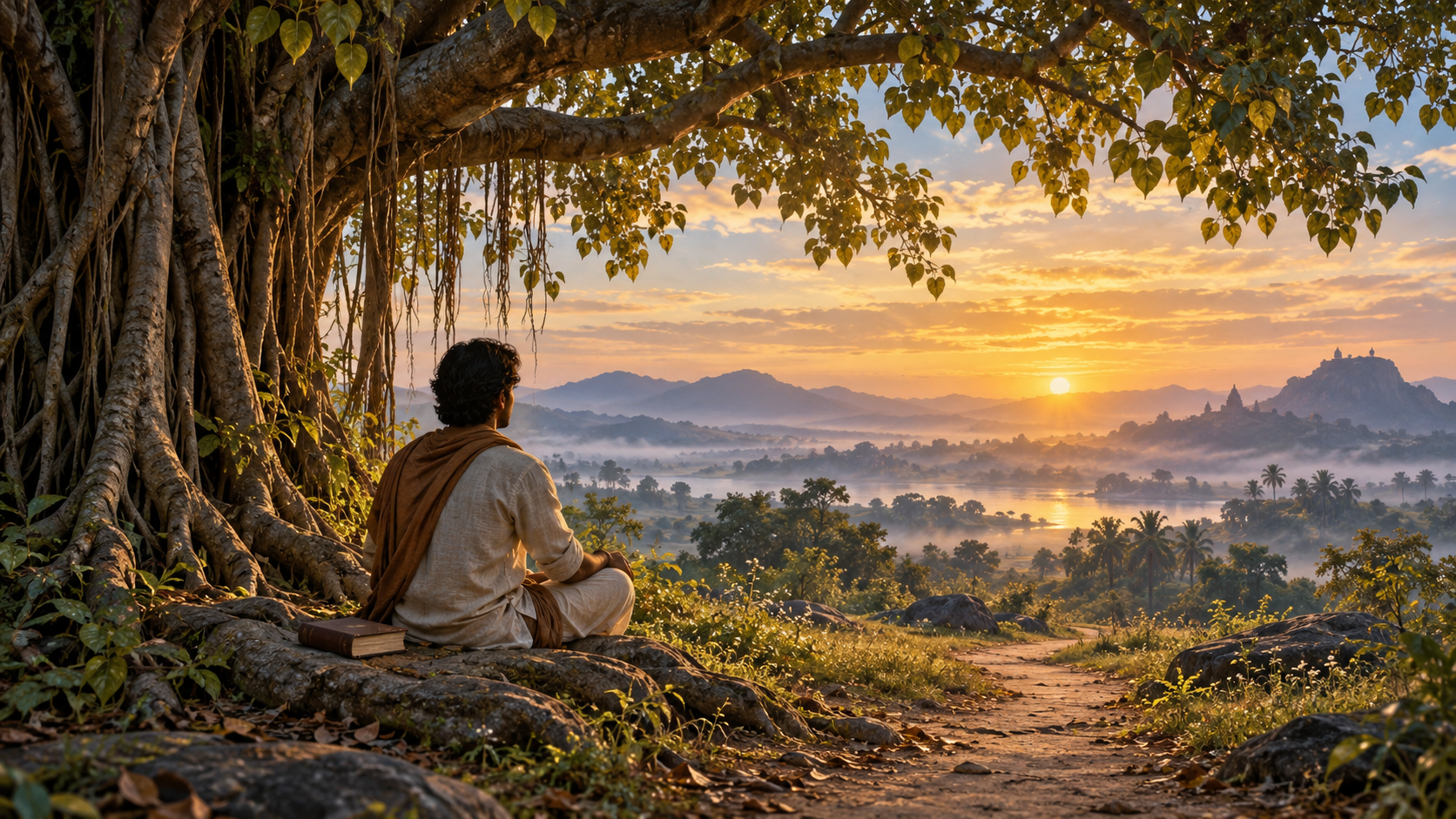 A seated seeker beneath a banyan tree at dawn, surrounded by soft golden light, with a closed book resting beside the path.