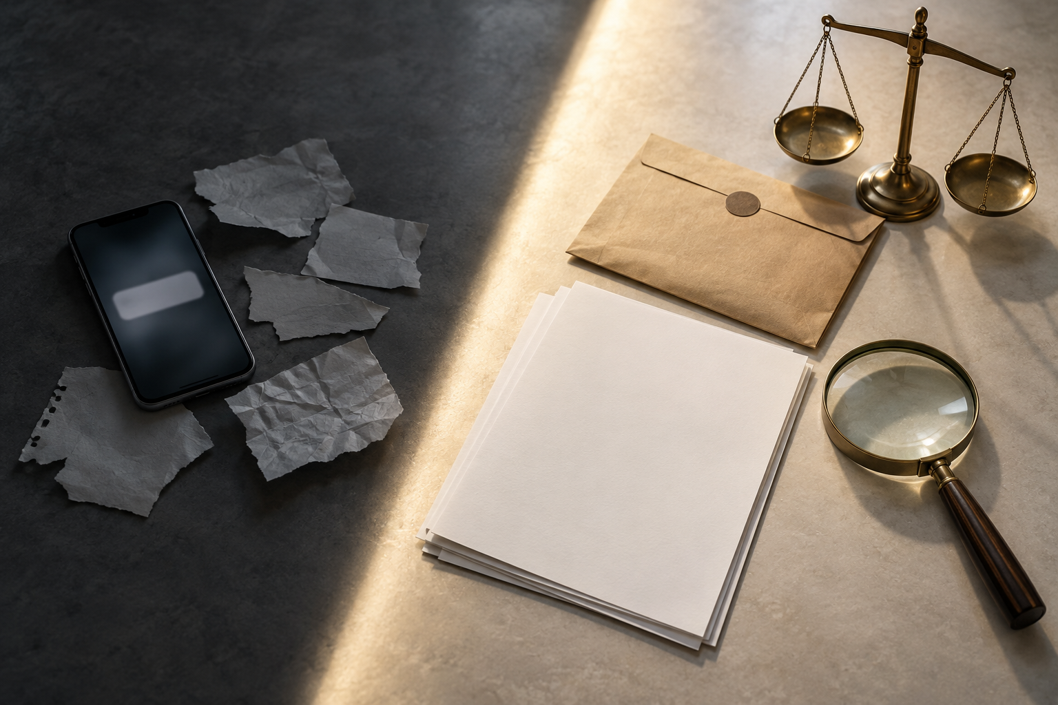 An evidence table divided between scattered unverified materials in shadow and organized documents, a magnifying glass and legal scale in clear light.