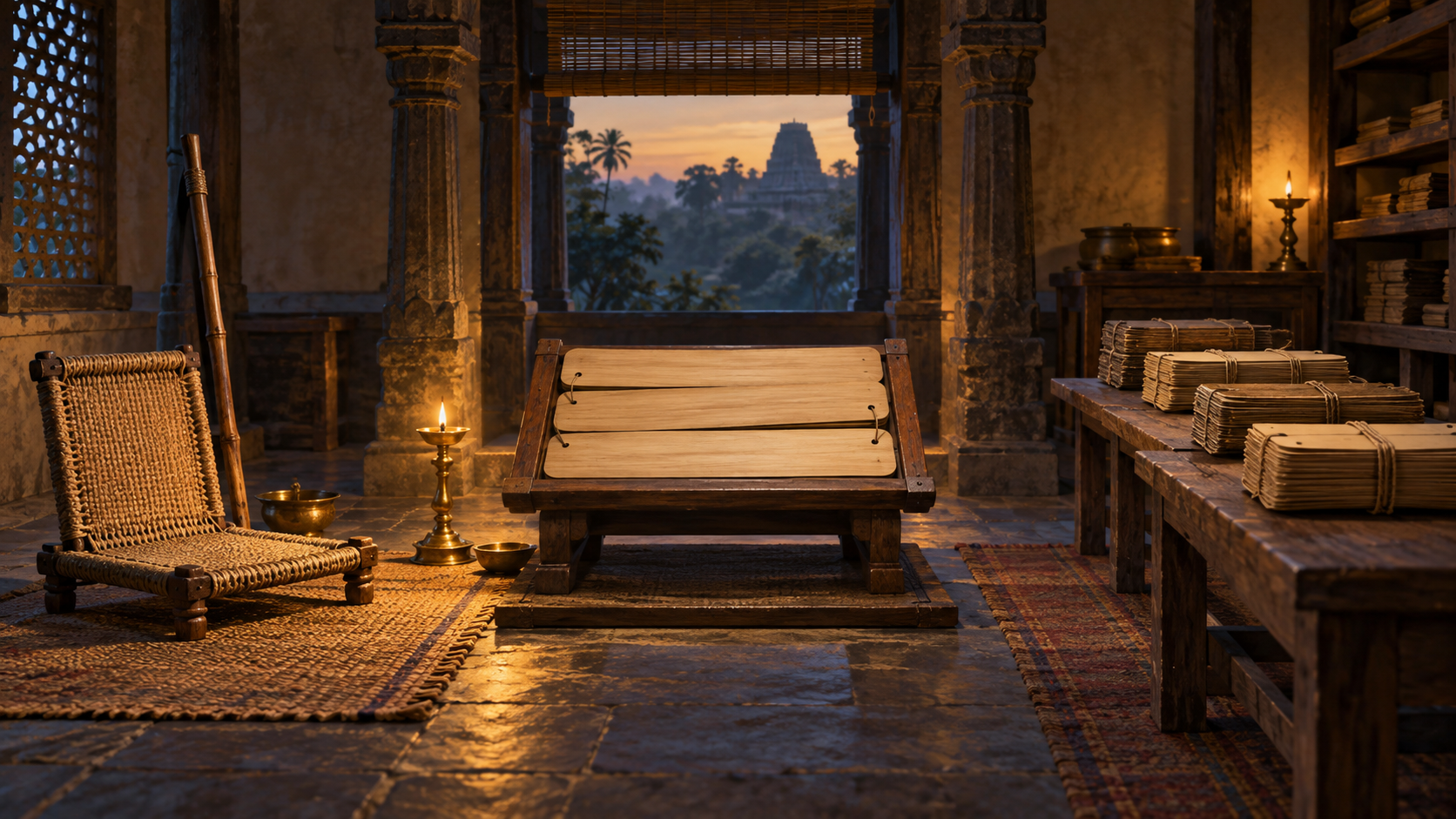 Three connected alcoves contain an empty scholar's seat, incomplete palm-leaf folios, and rows of manuscript bundles.