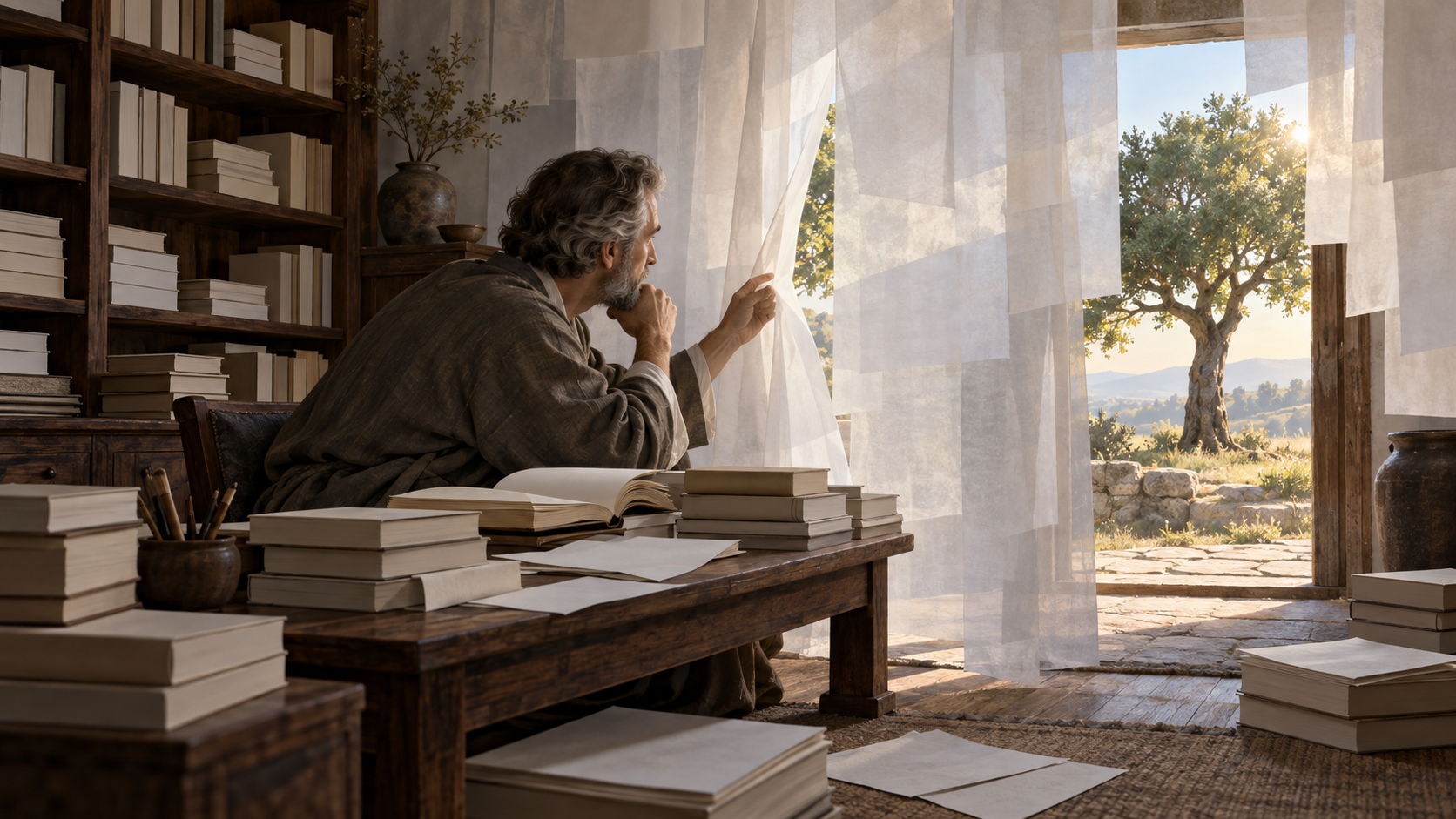 A scholar pauses among stacks of unmarked books while translucent blank pages partially obscure a sunlit doorway and tree.