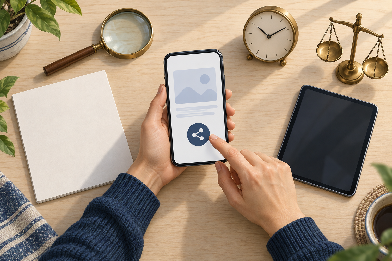 Hands pause over a smartphone surrounded by a magnifying glass, clock, blank document, second device and miniature balance scale.