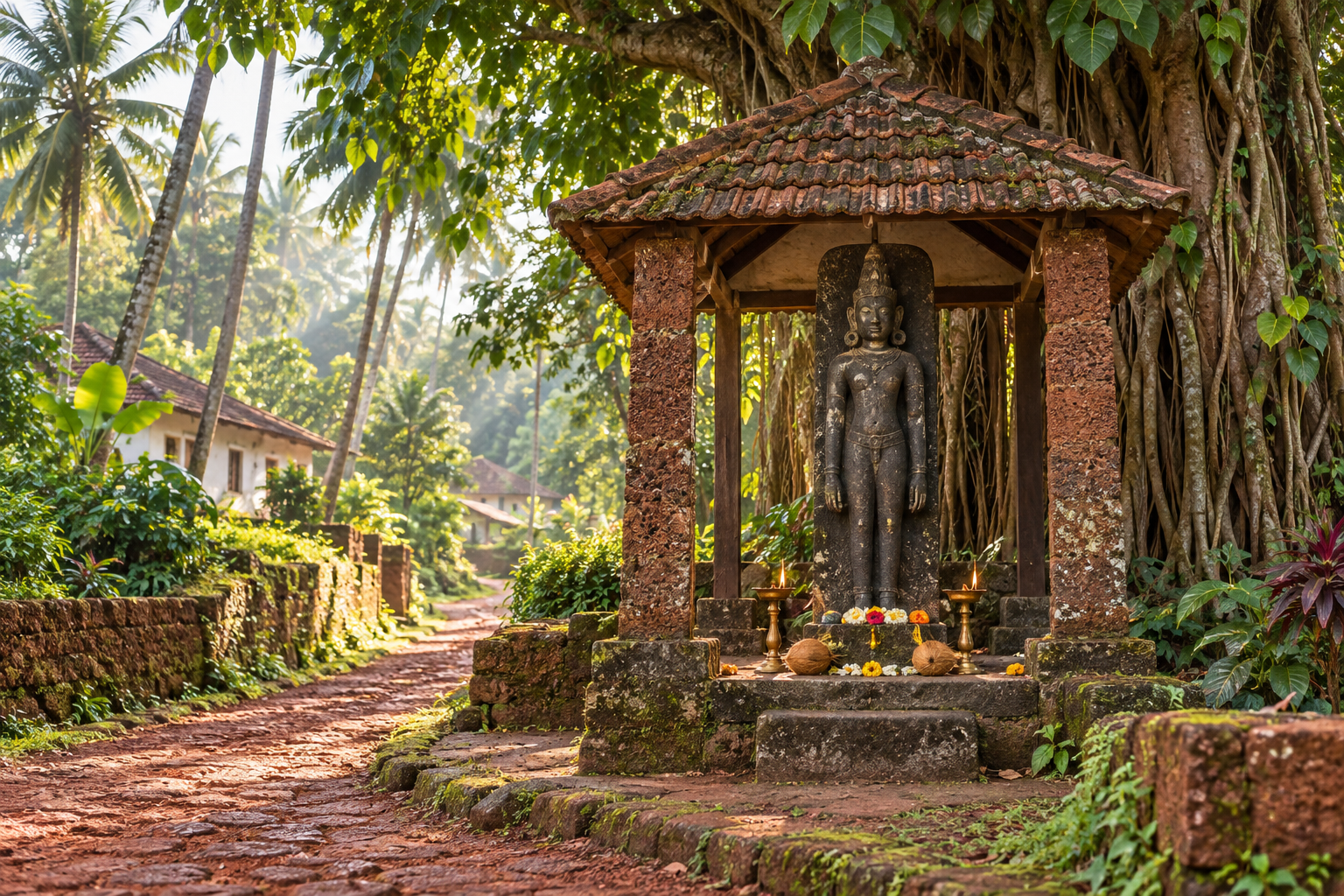 A Nagdo Betal guardian shrine stands beside a laterite path amid banyan trees, coconut palms, and dense greenery in a Goan village.