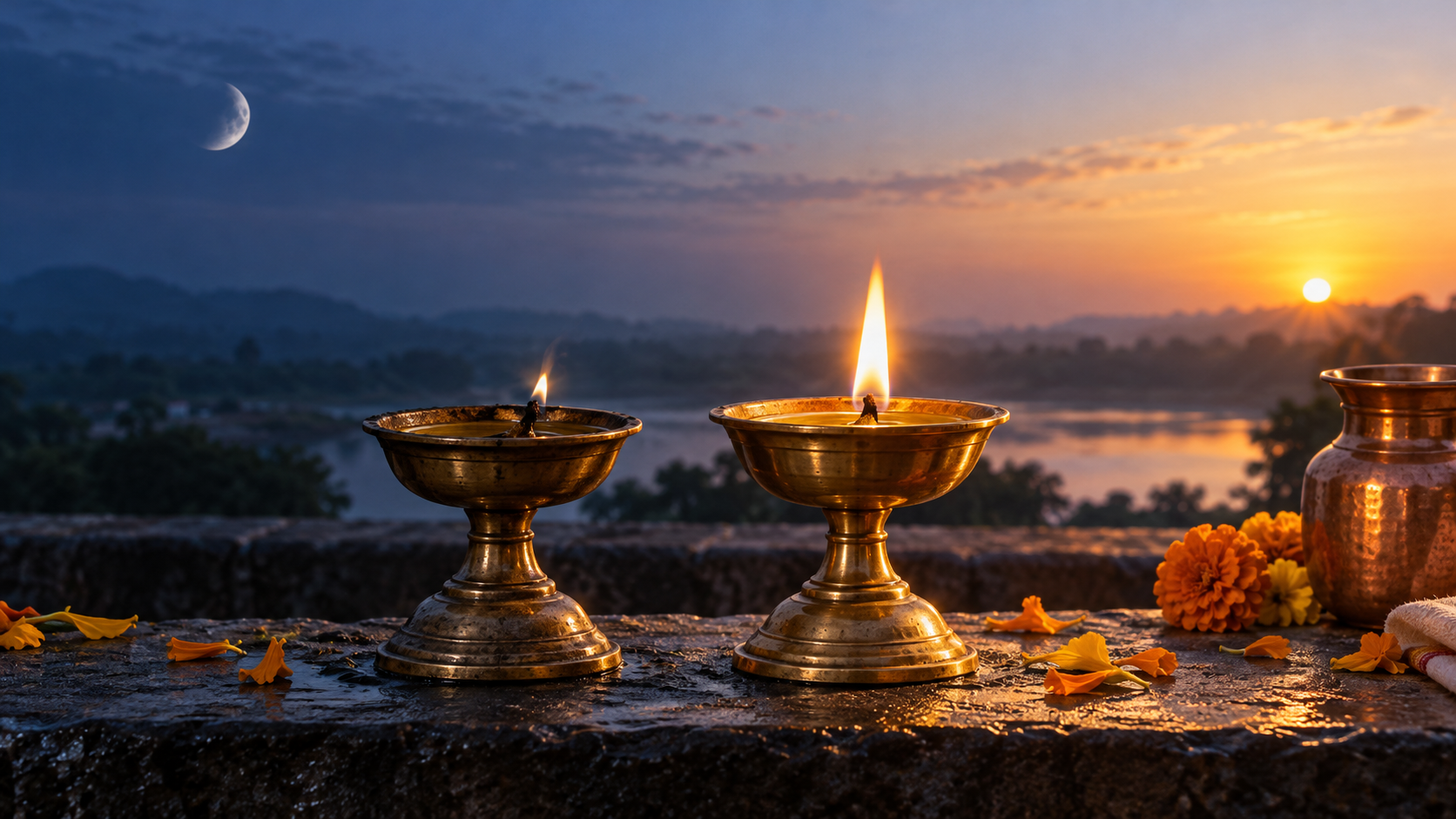 Two brass oil lamps sit between cool predawn light and warm sunrise, with marigold petals and a copper vessel nearby.