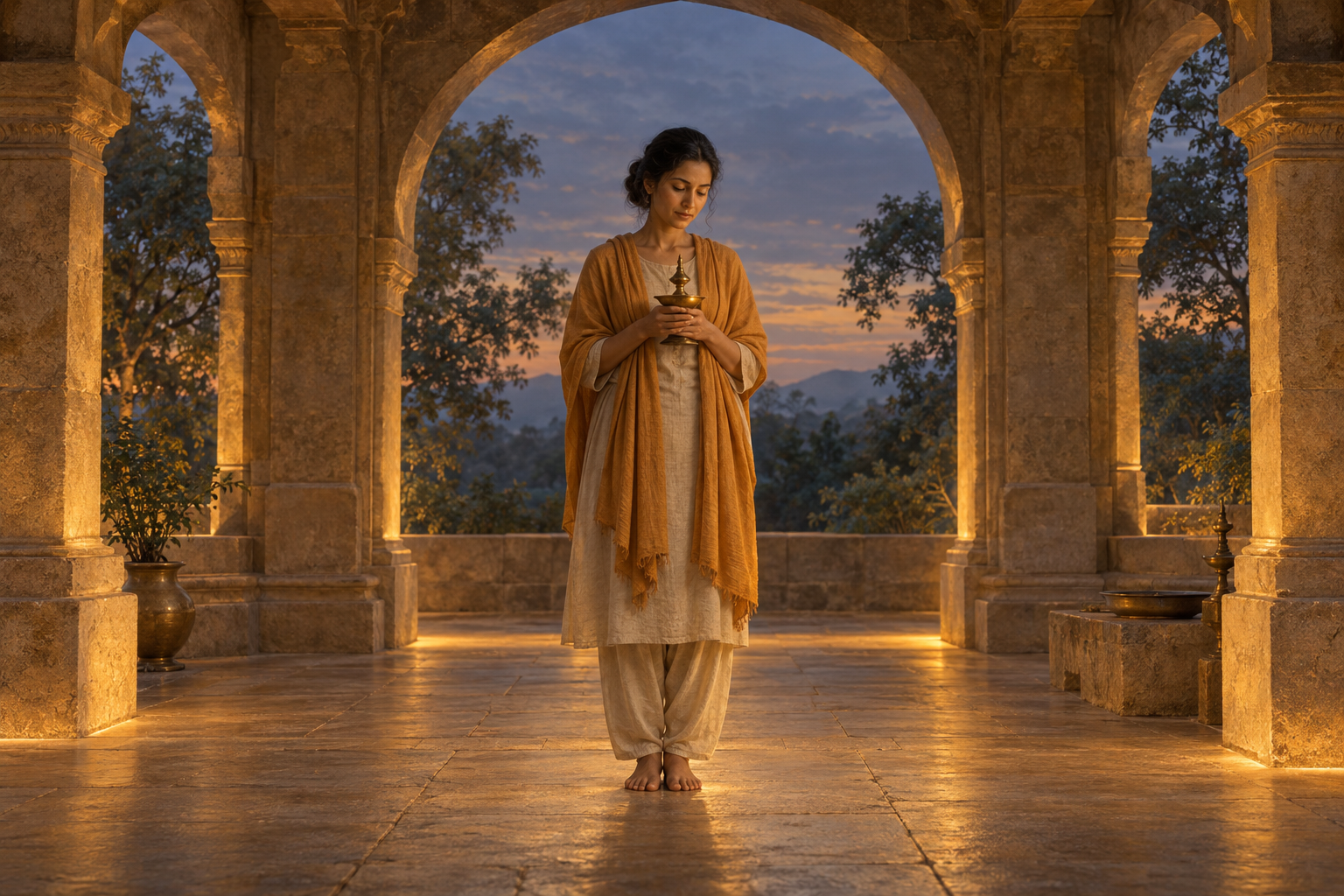 A barefoot practitioner holds an unlit brass lamp in a stone shrine already filled with gentle amber light that continues into the landscape outside.