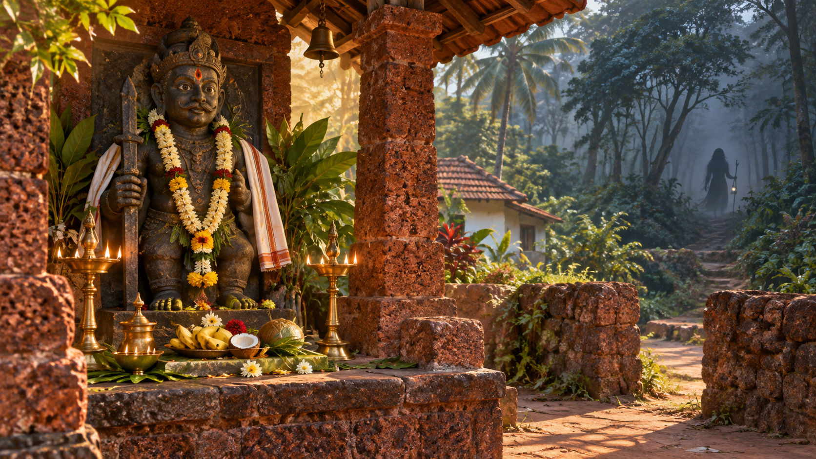 A sunlit Goan guardian shrine with offerings occupies the foreground while an indistinct spirit-like silhouette appears far away in a misty forest.