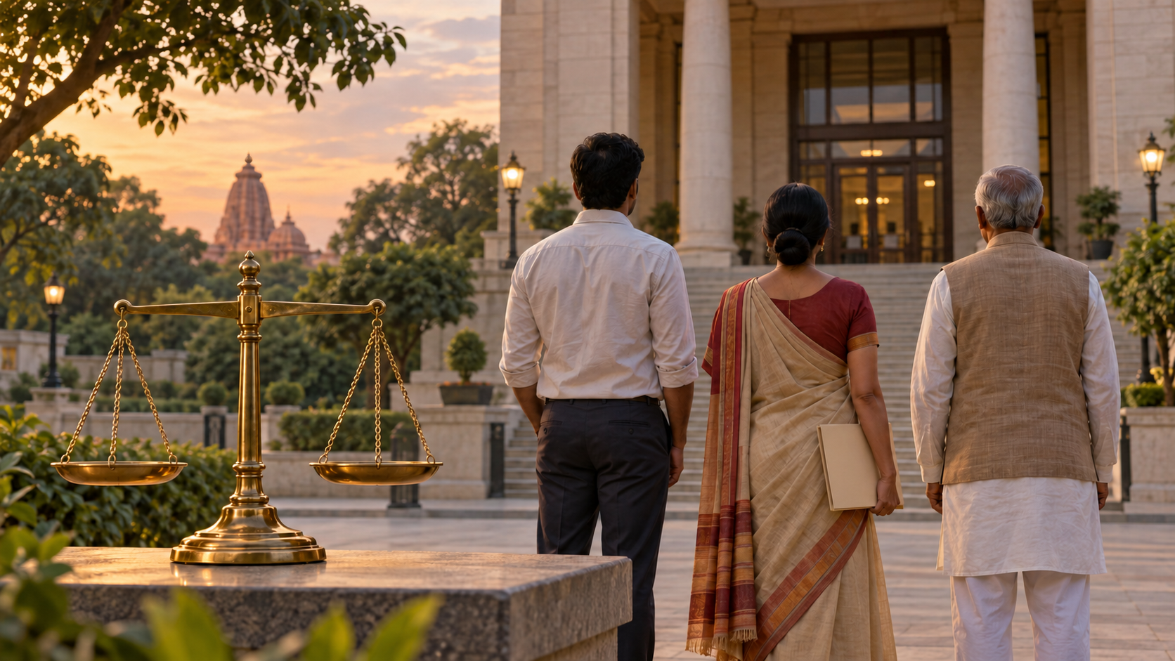 Three anonymous citizens stand calmly near a courthouse with a blank petition folder, a balanced scale in the foreground and a temple roof in the distance.