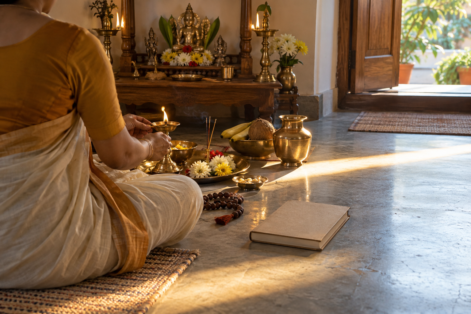 A worshipper seen from behind arranges a diya, flowers, prayer beads, and a water vessel in a home shrine lit by morning sun.