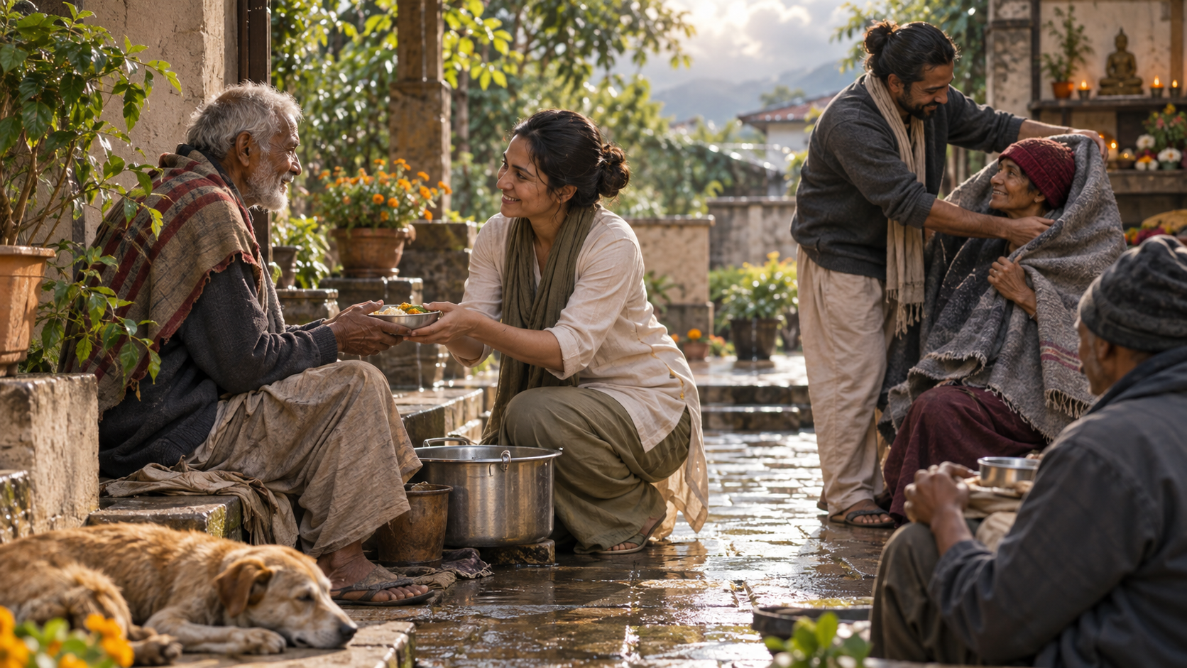 A practitioner serves food to an elderly visitor in a rain-washed courtyard while another person receives a shawl nearby.