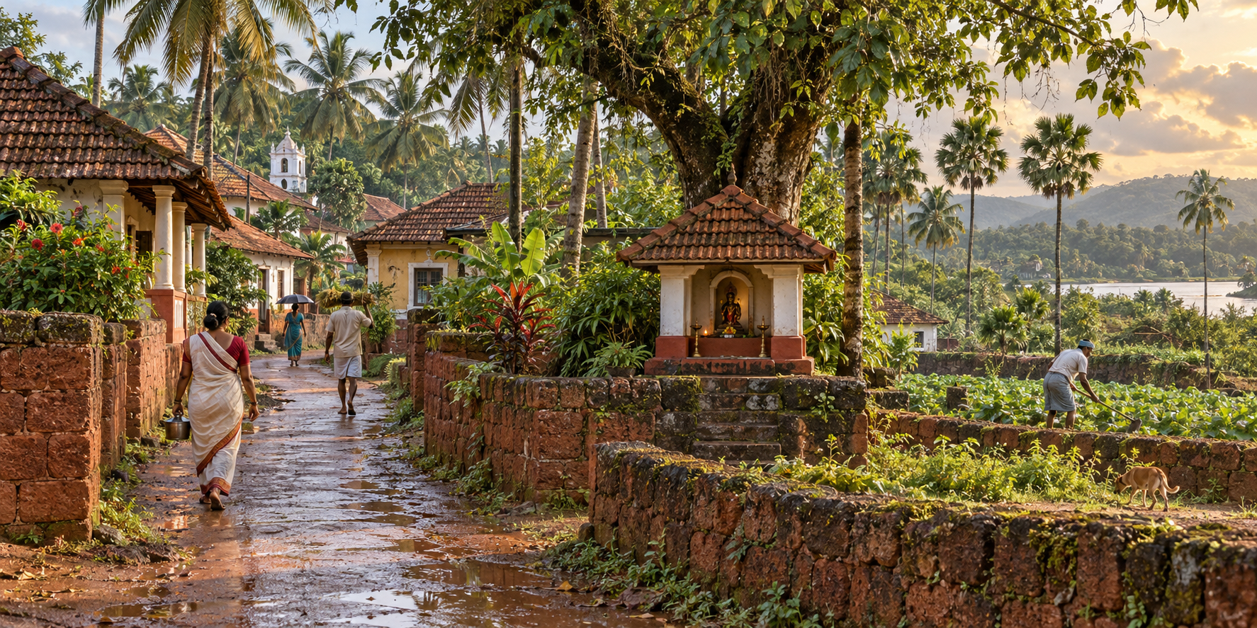 A guardian shrine sits among tiled-roof homes, laterite walls, palms, footpaths, and everyday village activity in rural Goa.