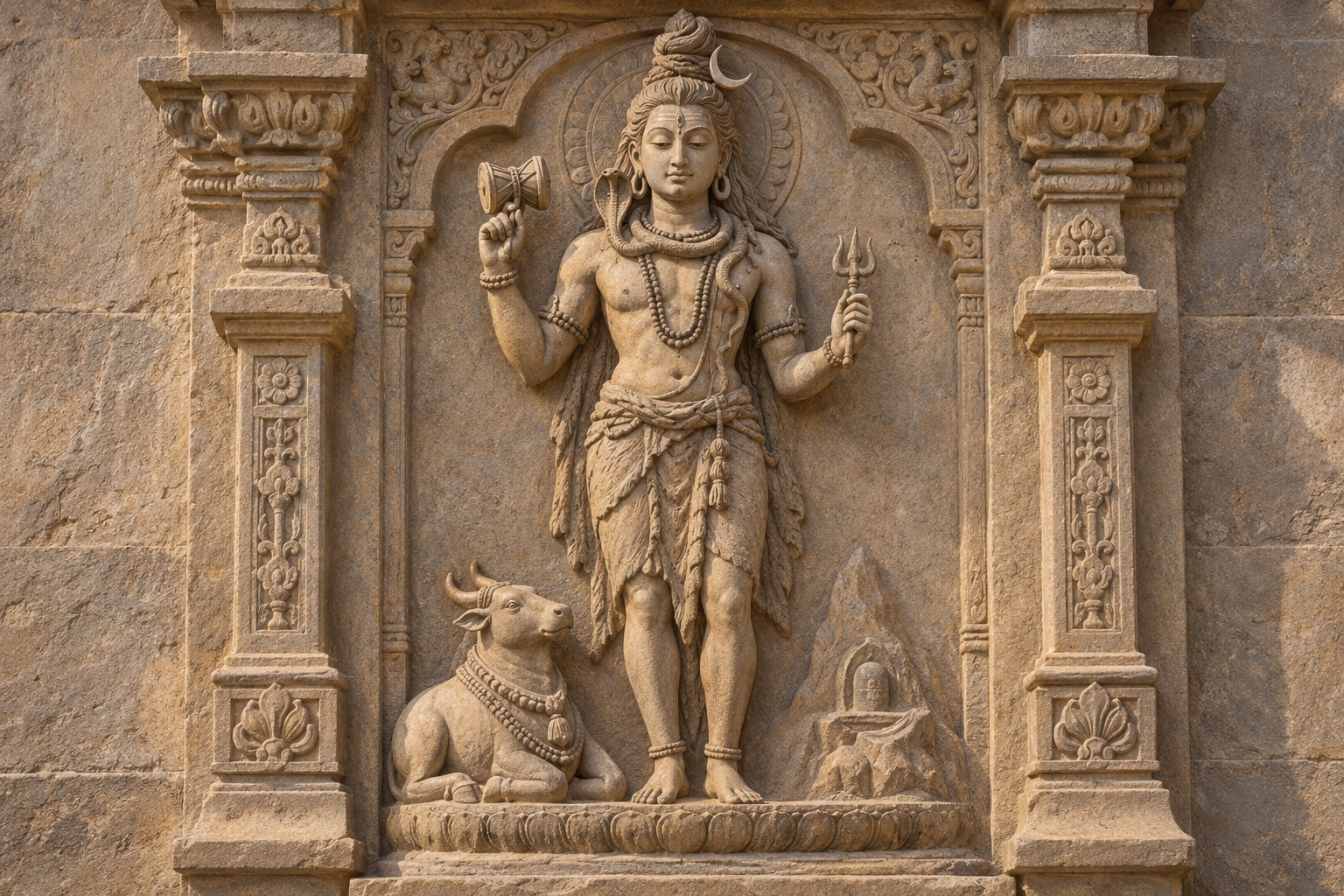 Full stone relief of Shiva with matted hair, damaru, serpent ornament, Nandi, and a small trident held in one hand.